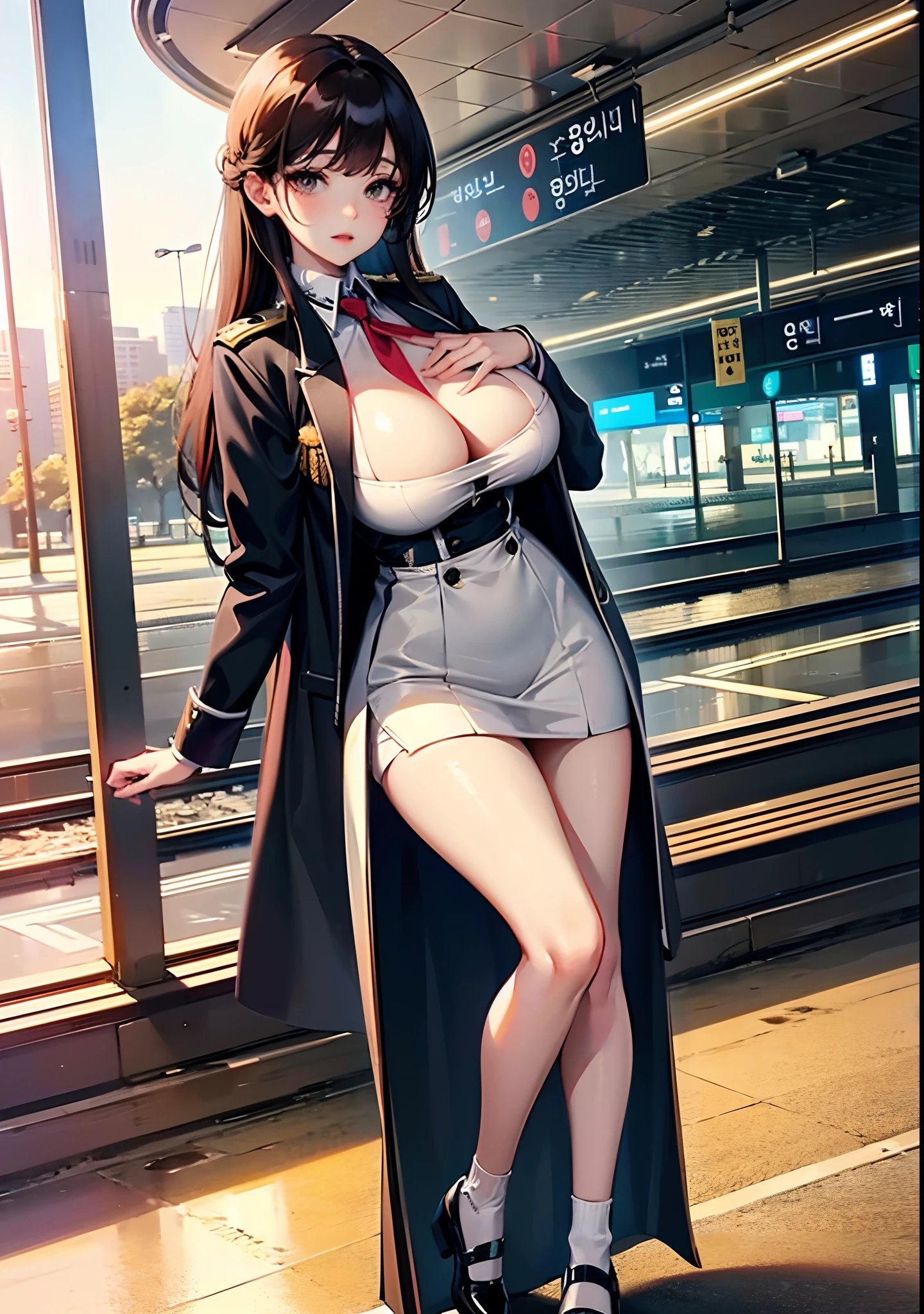 Beautiful adult Korean girl, college girl, standing on railway station, beautiful girl, intricate details, 8k, wearing uniform,unrealistic girl, sharp image, thick thighs , sexy, massive breast