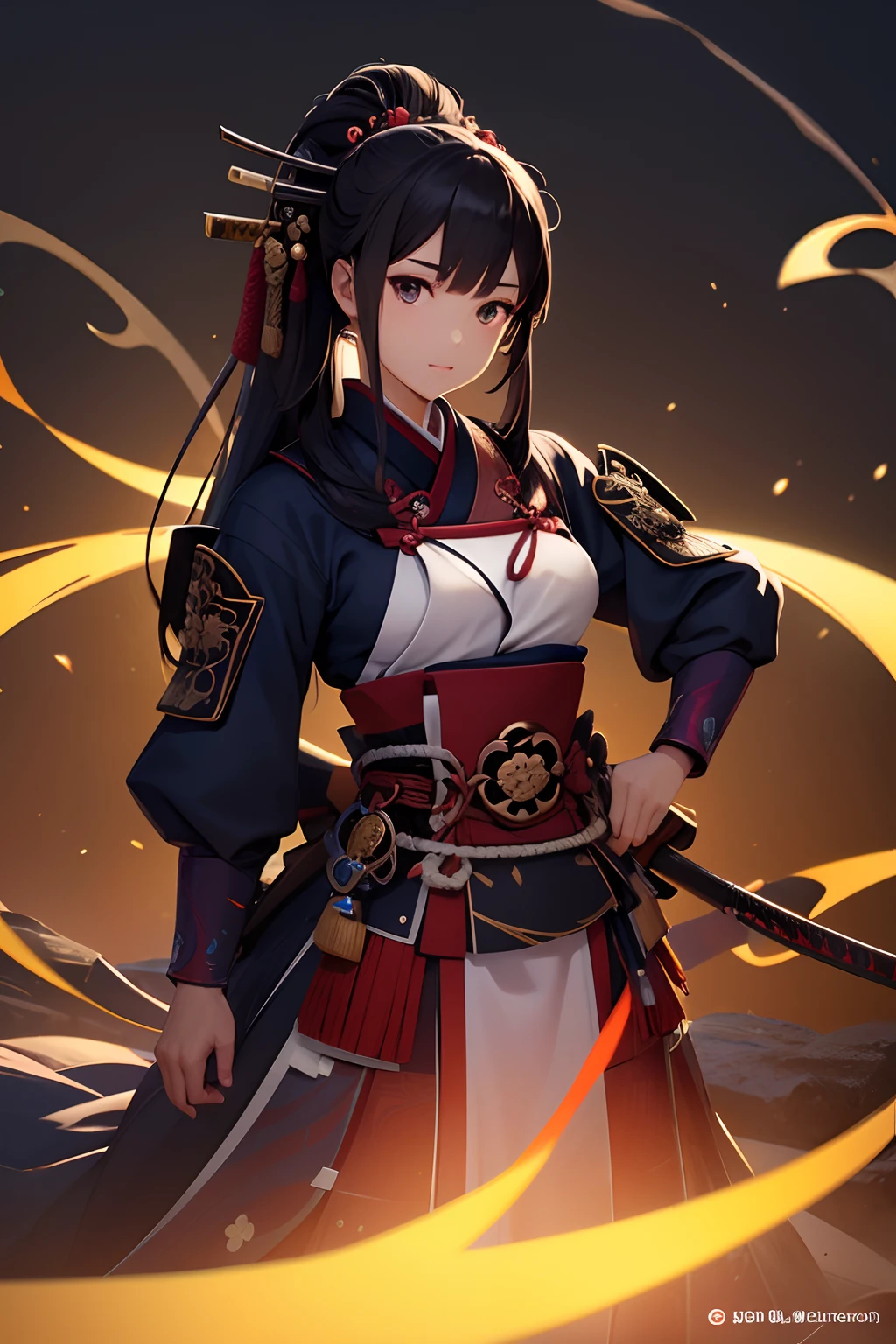 Beautiful female samurai of the Warring States period、Woman with semi-long hair、Samurai's Idetouch、Samurai Pose、Big sword、、gazing at viewer、The appearance of the samurai、Computer Graphics Art、。.。.。.。.。.。.。.。.。.。.。.。.。.。.。.。.。.。.。.3D、hight resolution、top-quality、The upper part of the body、8K Character Concept、32K、pixiv、illustratio、 ultra-detailliert、hyperdetailed face、Megapixel、 Ultra High Definition HDR、Clair、Overdecoration