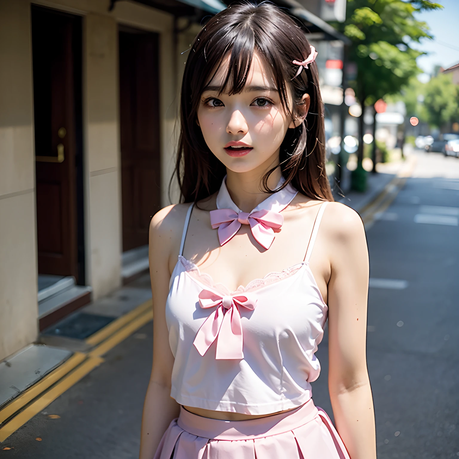 (masutepiece, Best Quality:1.2), 8K, Official art, Raw photo, full body Esbian、Red camisole、Facing up、skinny、years、small tits、Eyes closed、Deep sadness、Sorrow、look up sky、Open mouth、screeming、 unbelievable Ridiculous, (Upper body, Light pink camisole on top、Skirt underneath、serafuku:1.4), Beautiful Girl, Pretty Face, arching back down, cute panty、Gold hair ornament on hair、close up, School uniform, Short sleeve, gardenia, violaceaess, Teen, Street, Looking at Viewer, Film grain, chromatic abberation, Sharp Focus, face lights, Dynamic lighting, Cinematic lighting, Eyes and faces with detailed, Bokeh background, (1 dark red bow tie:1.2)