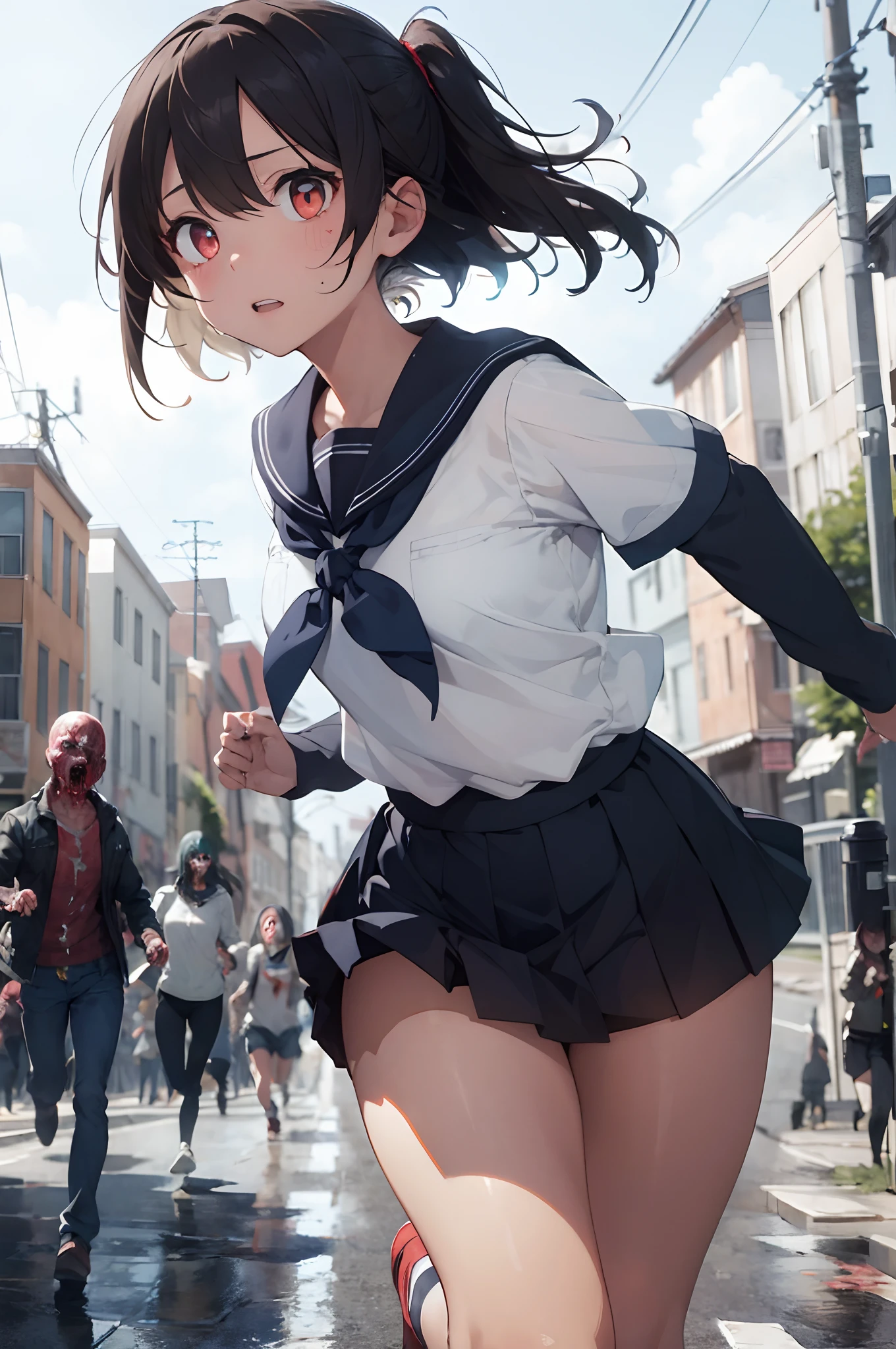 (Zombies chase a girl:1.2)