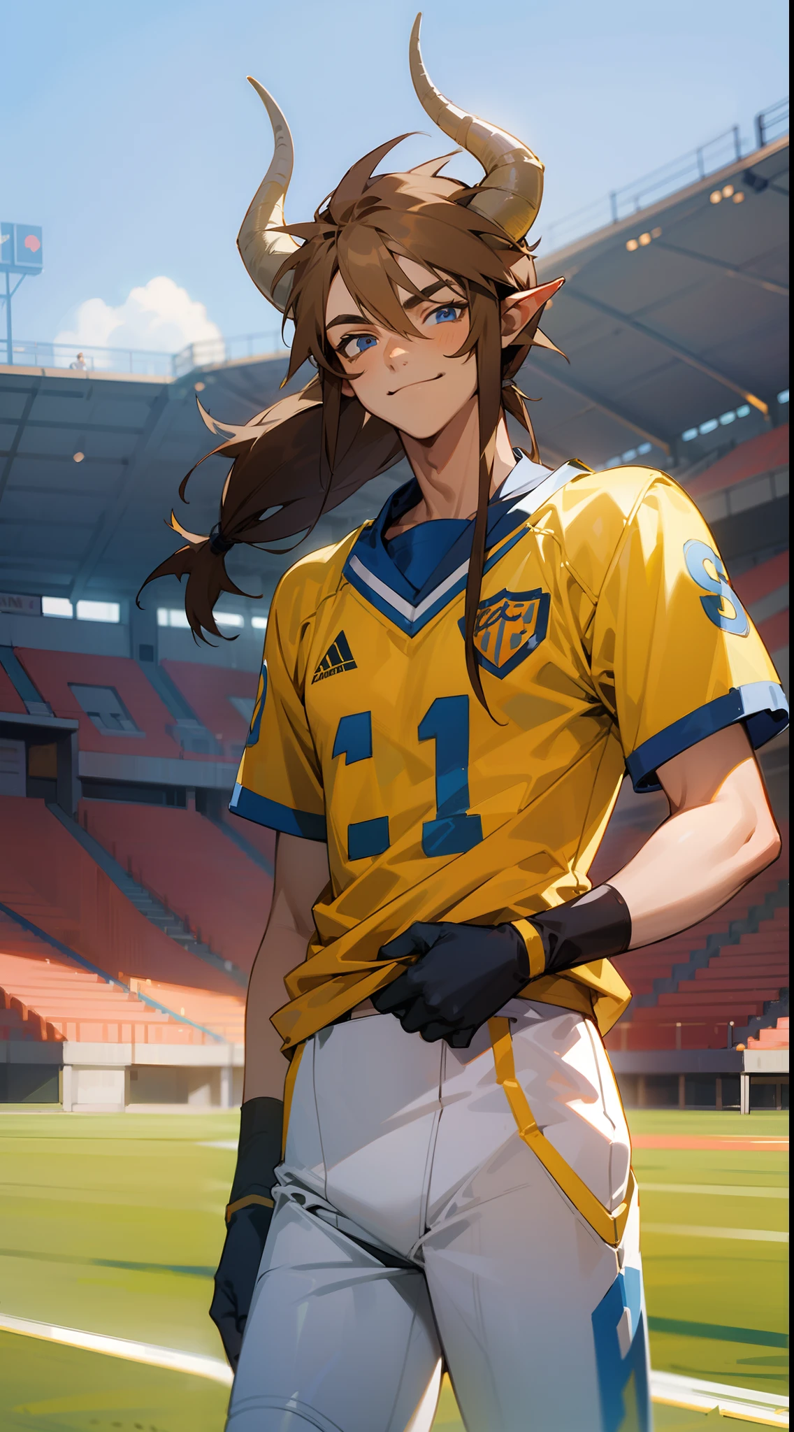1teen boy,smile,solo,yellow football outfit,long hair,slim body,((brown hair)),blue eyes,horns,standing in a school stadium,cowboy shot