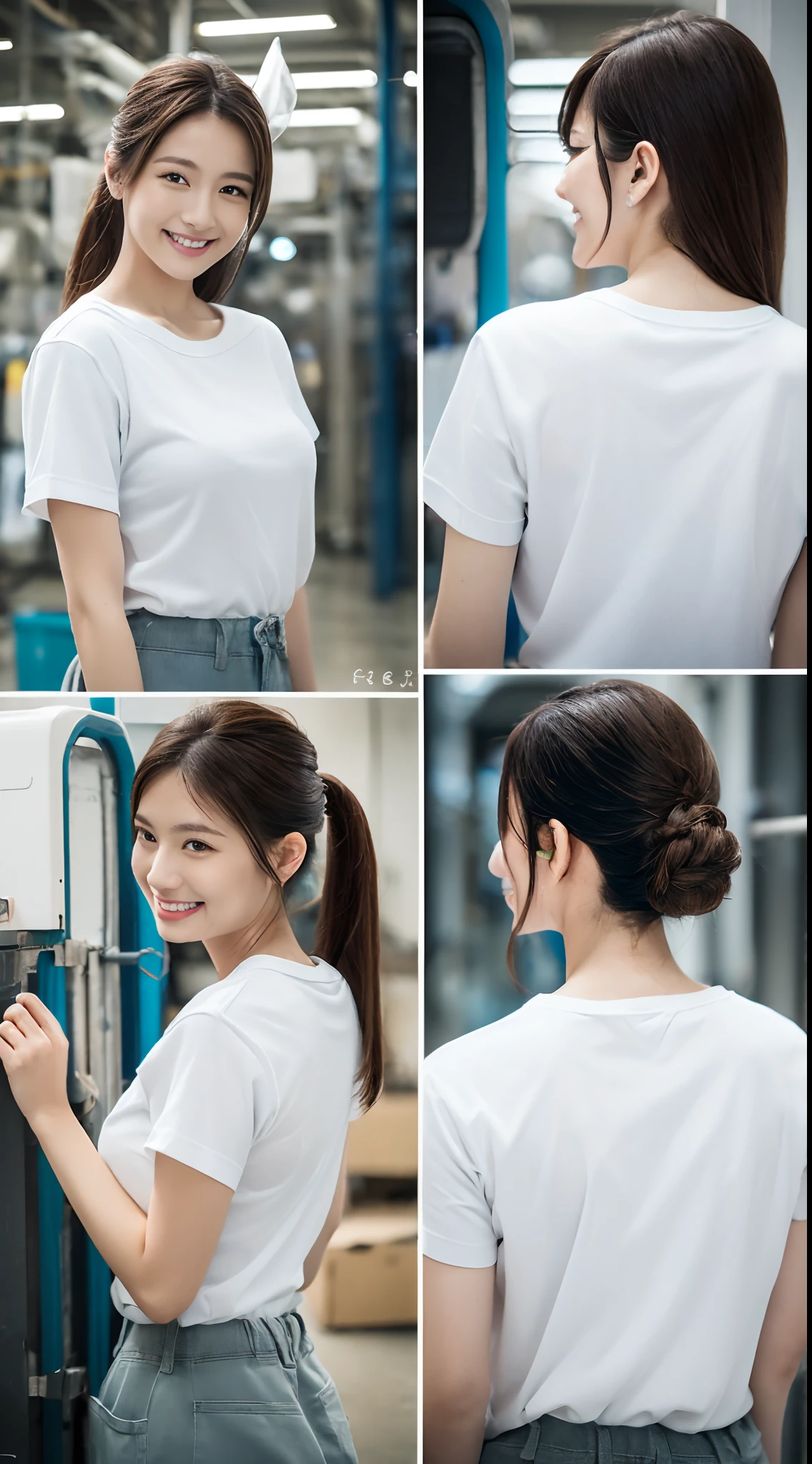 masutepiece, Best Quality, 超A high resolution,(photographrealistic:1.4) (depth of fields),(Lens Glow) ,inside factory:1.5、a Pretty Japanese woman１a person:1.5、(White Workwear Pants:1.5)、(white t-shirts:1.5)、(posterior view:1.5)、Shy smile、