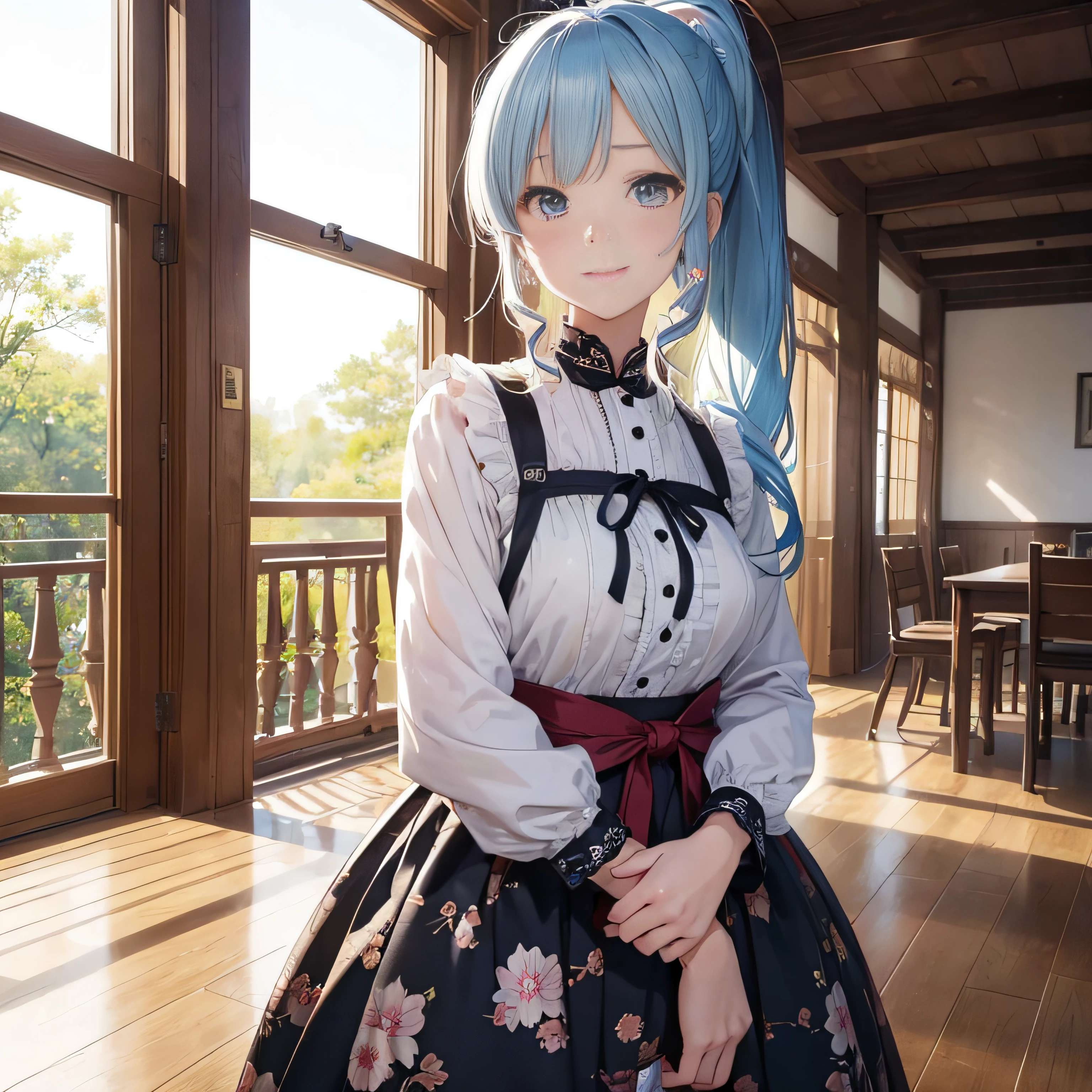 (masutepiece), (Best Quality), (ultra-detailliert),(disheveled hair),(Illustration), (1girl in), Standing, Smiling, Beautiful detailed eyes, Light blue eyes, Detailed beautiful face, (kamisato ayaka: 1.2), Focus on Face,  Ponytail, kamisato ayaka(GenshinImpact), Light blue hair, detailed hairs, Bangs, The best lighting, Best Shadow, Highly detailed, Vibrant --auto