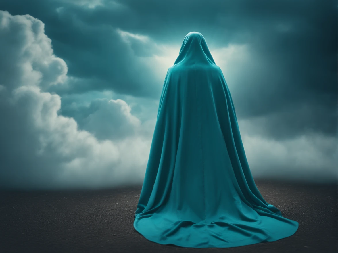 Prayer Hail Mary, with veil and sacred mantle in heavenly turquoise blue in the clouds of the sky, cinematic, 8K, realistic