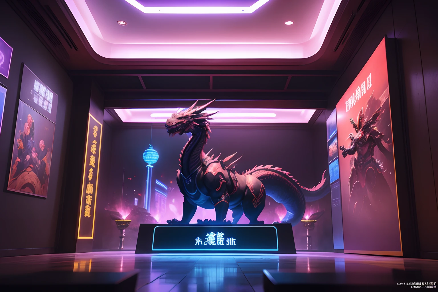 Exhibition Hall "Oriental Cyberpunk", China Dragon, Simple high-tech stand, Futurism, Holographic projection, Digital Art, Advertising poster style, epic cinematic, Фотография National Geographic, Amazing lighting