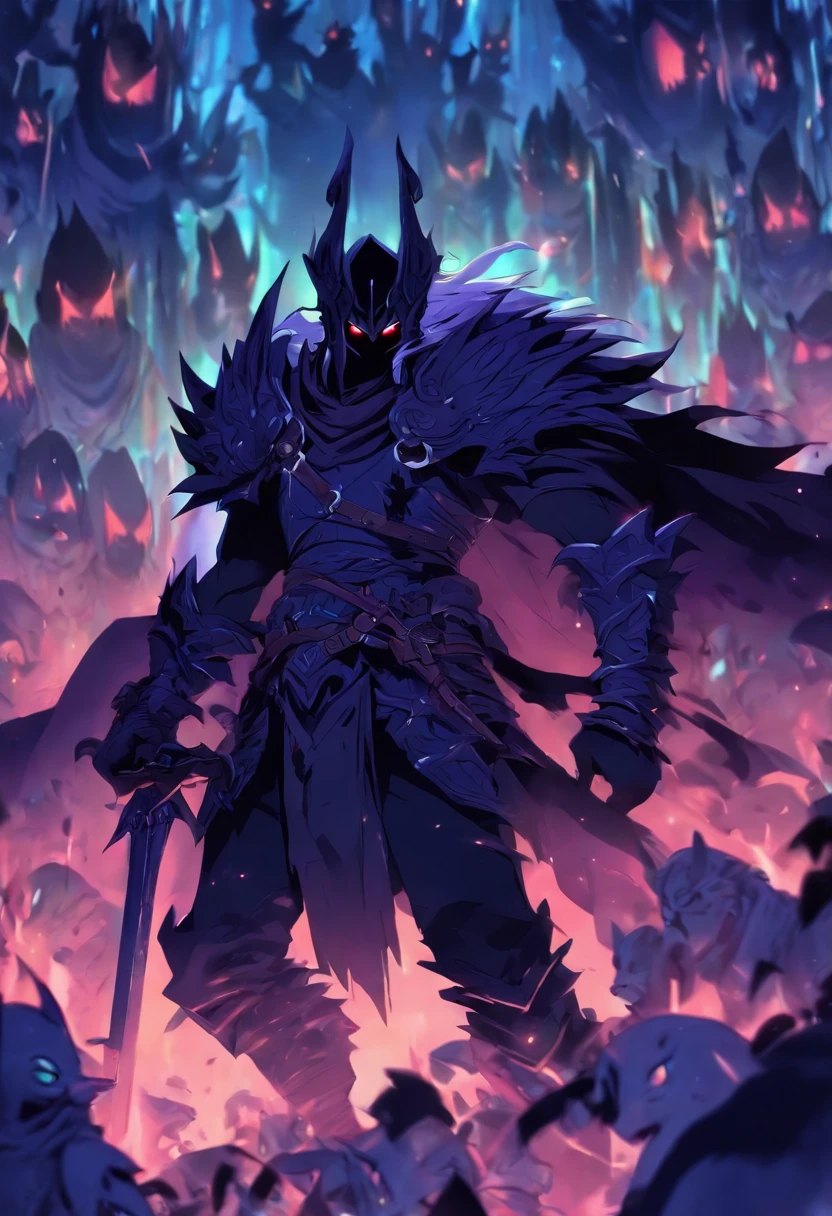 un drow elfo de pelo negro y largo, con un martillo de guerra, tiene una armadura de cota de malla, is fighting creatures of the night, un resplandor a su alrededor deja ver que es un paladin, tonos oscuros, 80s anime still, Moda retro, Dungeon and Dragons Character Dark Fantasy Digital Art Muted Colors, Colores retro apagados