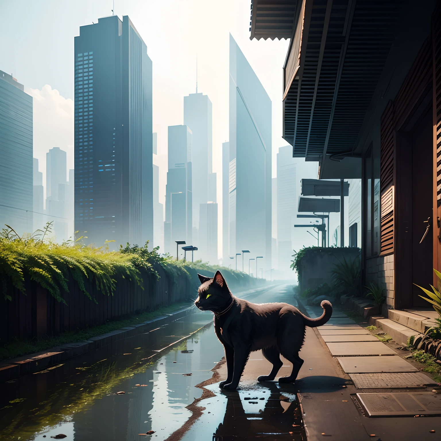 Cyberpunk cityscape eroded by vegetation、One black cat drinking water from a puddle