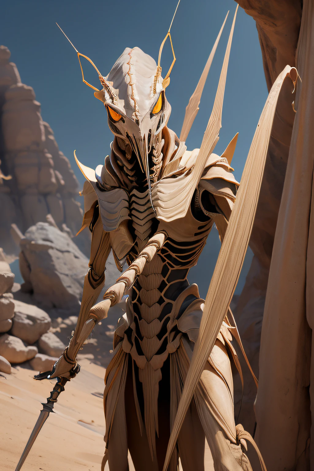 A tall slender praying mantis insectoid with four arms. Holding a spear and wearing a bandelier backpack. light brown skin, Carapace armor  (masterpiece, best quality), (blue eyes), (perfect hands), (Hyper realistic:1.6), ((detailed face)), ((award-winning)), (Sharp,) (8k resolution,) (Cinematic lighting), (Eye contact),