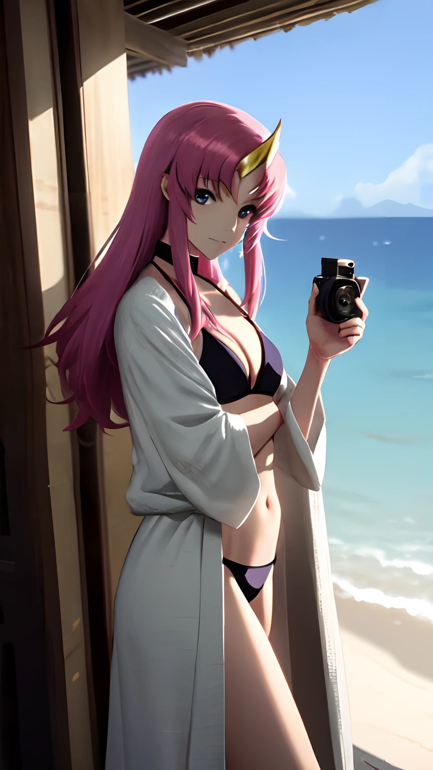 Lacus wears a string bikini and a robe..,Face the camera.