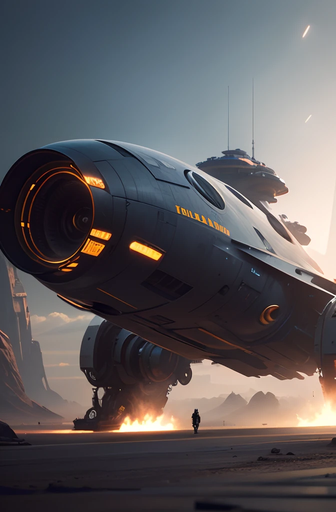 epic spaceship, epic sci-fi, cinematic shot, parked on ground, full shot, unreal engine 5