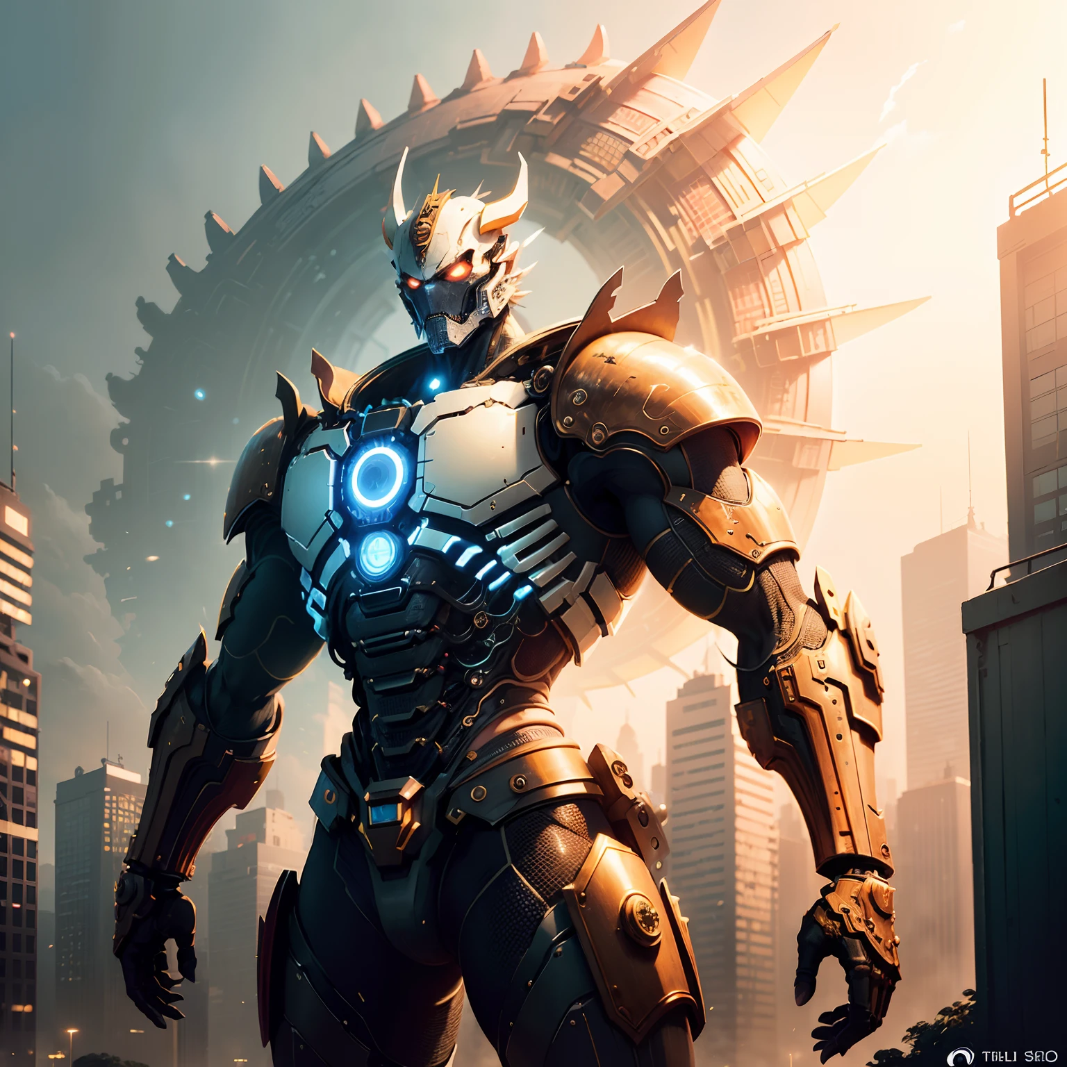 (realisitic:1.5), (Photorealsitic:1.2), detaileds, rendered, epic poem, 1 Mechanical Samurai、Biomechanical Musha, Electromechanical、ultra-detailliert、Super huge、Legendary Dragon、ck, white plastic, diffuse lighting, dynamicposes, Convoluted, elegent, (dynamic background), ighly detailed, elegent, foco nítido, Photo by Greg Rutkowski, Soft lighting, vivd colour, Ivory Gold AI (Over big city in the evening、fullllbody:1.2)