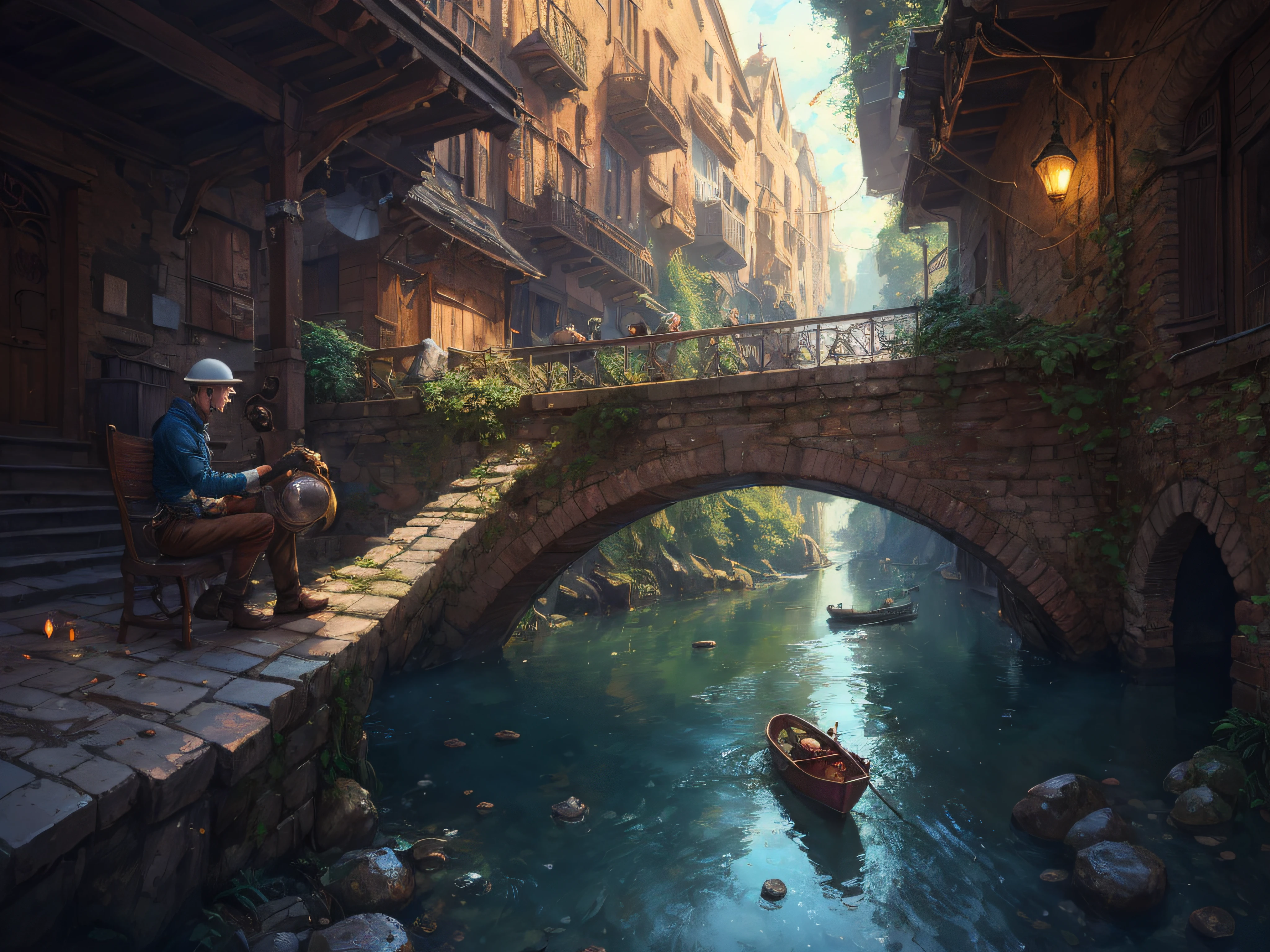 (good hands:0.8), hard hat, Atey Ghailan, dreamlikeart, mighty oak, Antonio Moro, instrument, glowing orbs, best artists, day, Dynamic composition, sophisticated, overdetailed art, (best_quality:1.3), highly detailed, pixel art, (ultrarealistic:1.3), Fill light, (detailed), fantasy, masterpiece, (dynamic angle:1.4), intricate details, architectural streets, safety culture, exploration, in an aqueduct, crouching on land next to small brook, hdr, 3d, hyper detailed photo, interior architecture, high quality shadow, beautiful and aesthetic, (illustration), chair, creativity, luxurious, (radiosity), texture, Dutch Angle Shot, raw photo, (bio), Simon Stalenhag, solo, matte painting, standard, hyperrealism, (by antoine blanchard and casey baugh:1.1), good quality, harmony, beautiful, detailed and intricate, 4k unity, best quality, anime, turned