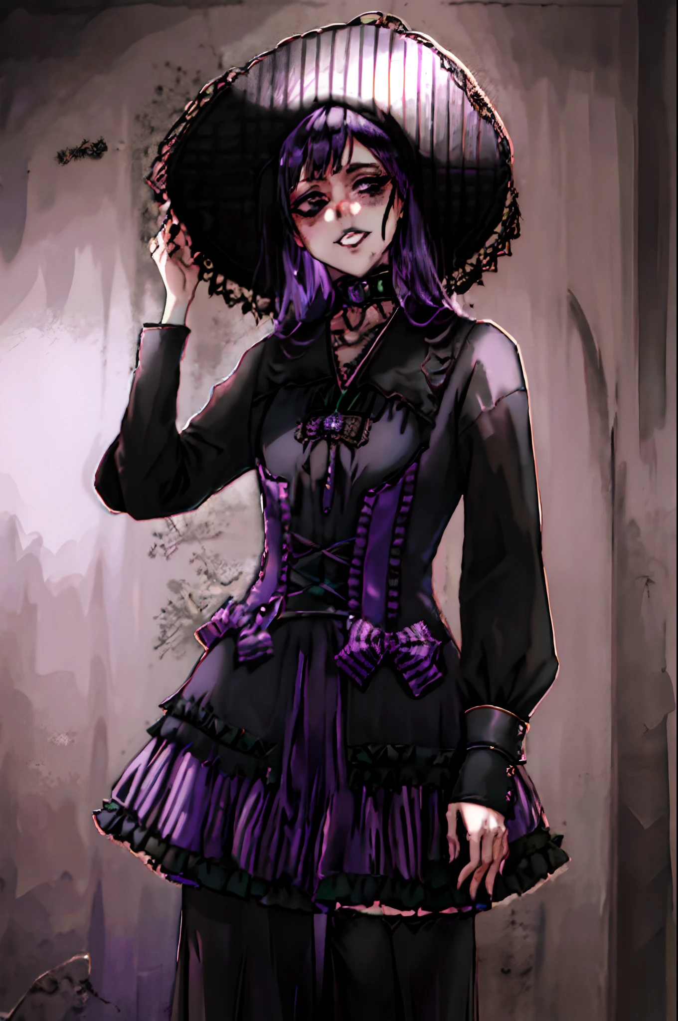 a woman in a black and purple dress and hat, gothic clothing, gothic clothes, victorian goth, gothic regal, witchcore clothes, victorian gothic ta fashion, gothic fashion, in detailed steampunk dress, wearing a gothic dress, victorian gothic, gothic outfit, black and violet costume, gothic dress, wearing modern gothic clothes, fashionable dark witch, witchy clothing, gothic jacket