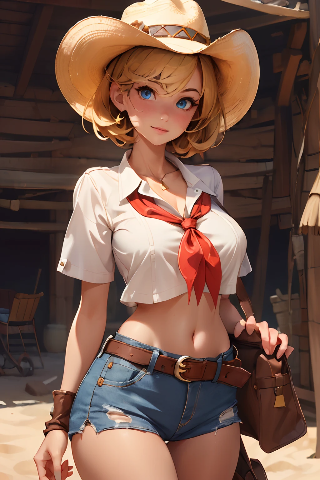 (((((solo))))),(((((masterpiece))))), (((((best quality))))),(((((highly detailed))))), finely detailed, Depth of field,detailed clothes, ((cygames)), highres,
1girl, bangs, (beautiful detailed face:1.3), collarbone, collared shirt, ((white shirt)), button open to show cleavage, show belly, blue eyes, golden hair, cleavage, ((cowboy)), (cowboy hat:1.3), short gloves. fingerless gloves, hat, medium breasts, navel, neckerchief, red neckerchief, short hair, short shorts, shorts, healthy thighs, gun belt ,cowboy western, sunny desert background, thigh gap