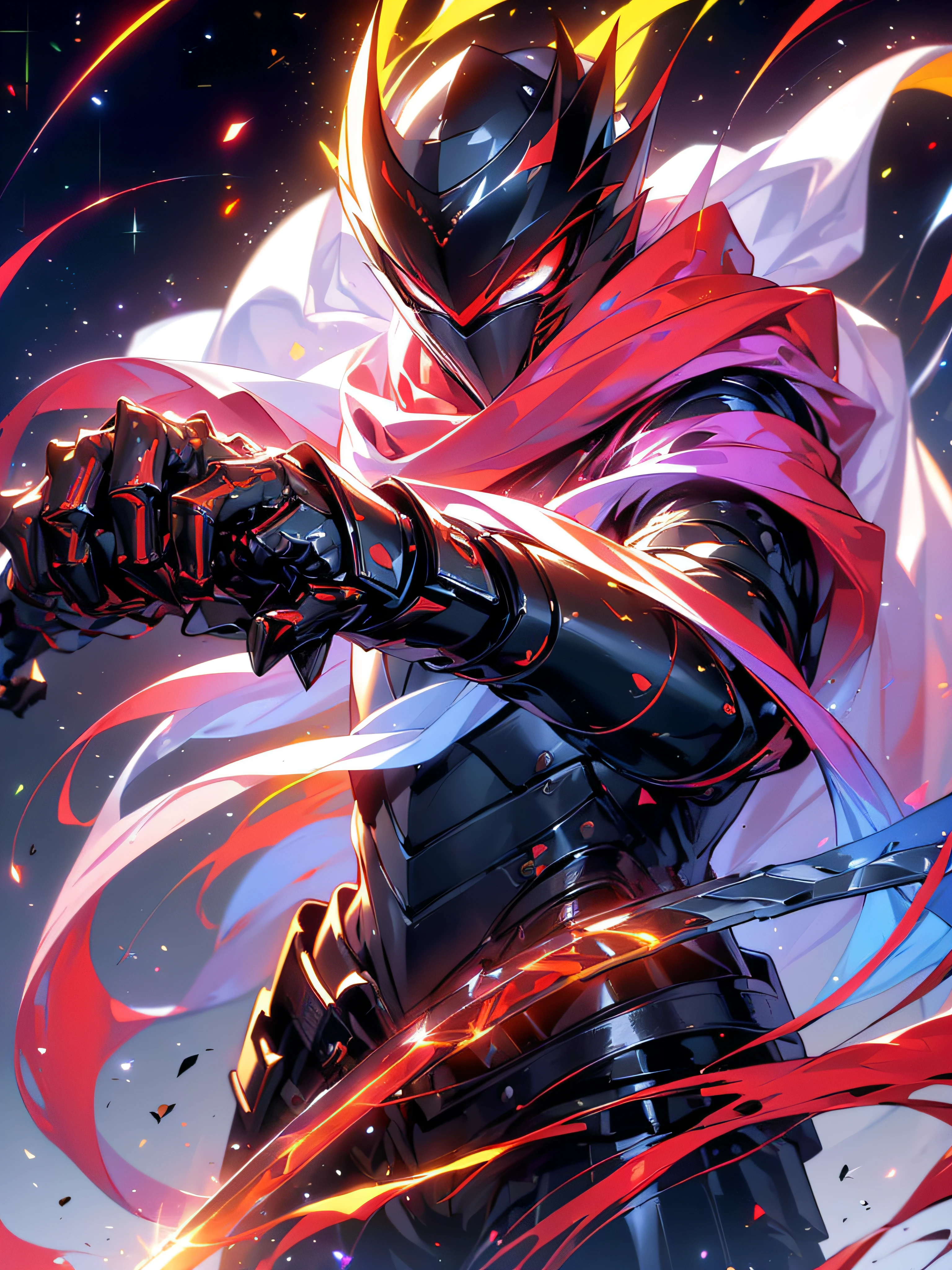 Super realistic, hyper realistic, super detailed, (cybersamurai, 1boy, ((solo)), ((attacking with red sword)) , wearing white armor and mask, cape, glowing beautiful red eyes, glow:1.3) (glowing simple black background:1.25),