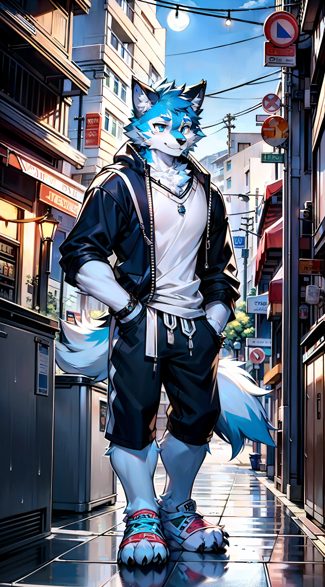 furry wolf，male people，Blue and white hair，Adult male wolves，Tall，Large size，musculature，Wear only white loose short sleeves on the upper body，Wear gray loose shorts，Street corner in the rain，Trash cans around，decrepit，，Moon Night，Big blue eyes，Handsome，It's lovely，ssmile，Scar，shaggy，shaggy，Critters，Furry，A big furry tail to the left，The barefoot，clawed paws