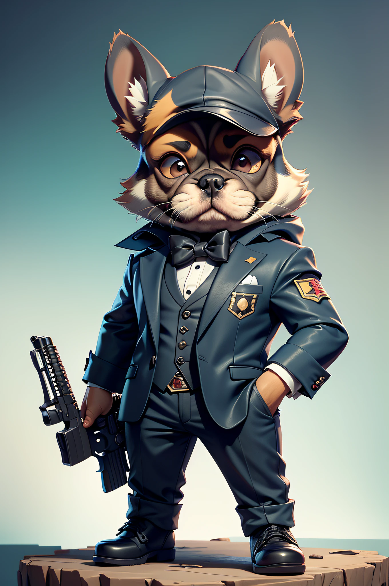 C4tt4stic,James Bond is a tuxie and gun cartoon、Anthropomorphic French bulldog dog