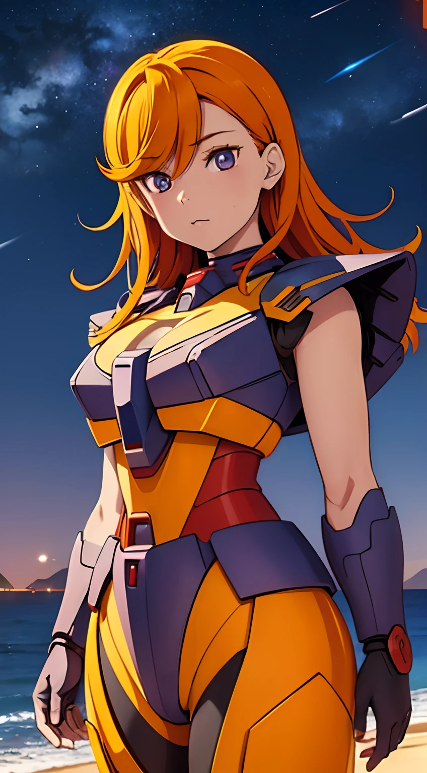 Masterpiece, top quality, 1 anime girl, Beautiful view , orange hair, purple eyes , on the Beach   , Beautiful sky  view as background , super detail, 4k wallpaper , mature woman ,black pupils, Beautiful night sky, Wearing Mecha armor ((Gundam)),full view, detail face,((Gundam))