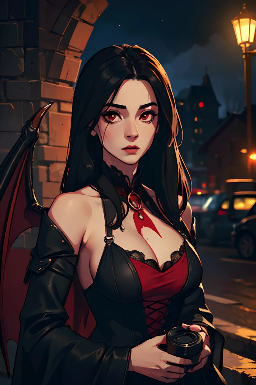 (best quality,highres,masterpiece:1.2),ultra-detailed,(realistic,photorealistic,photo-realistic:1.37),a beautiful vampire woman with large bat wings,medieval clothing,revealing clothes,low-cut neckline,attractive body,nighttime,city,red and black attire,black hair,blood-red eyes