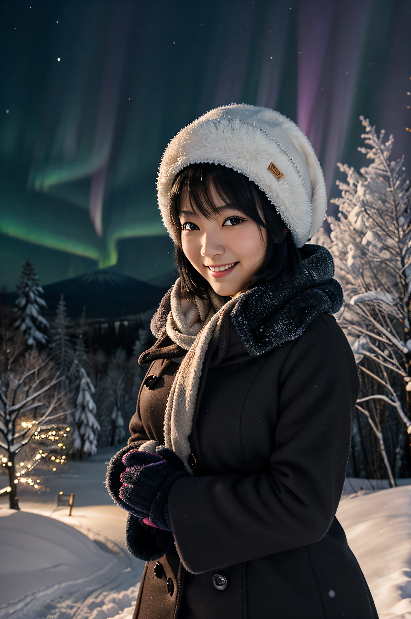 masterpiece, japanese woman, bonnet, mittens, short black hair, blush, dark illumination, snow, winter, from below, trees, night, sky, colorful, aurora, thick winter clothes, big smile