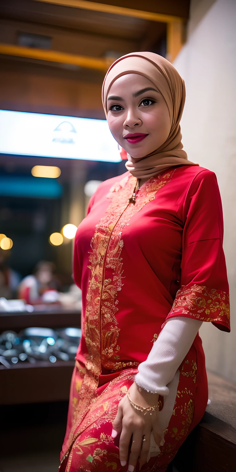 1 matured malay girl in hijab wear kebaya, kuala lumpur street, nighttime, neon city lights, upper body,close-up, seducing, sexy pose, (8k, RAW photo, best quality, masterpiece:1.2),(realistic, photo-realistic:1.37),