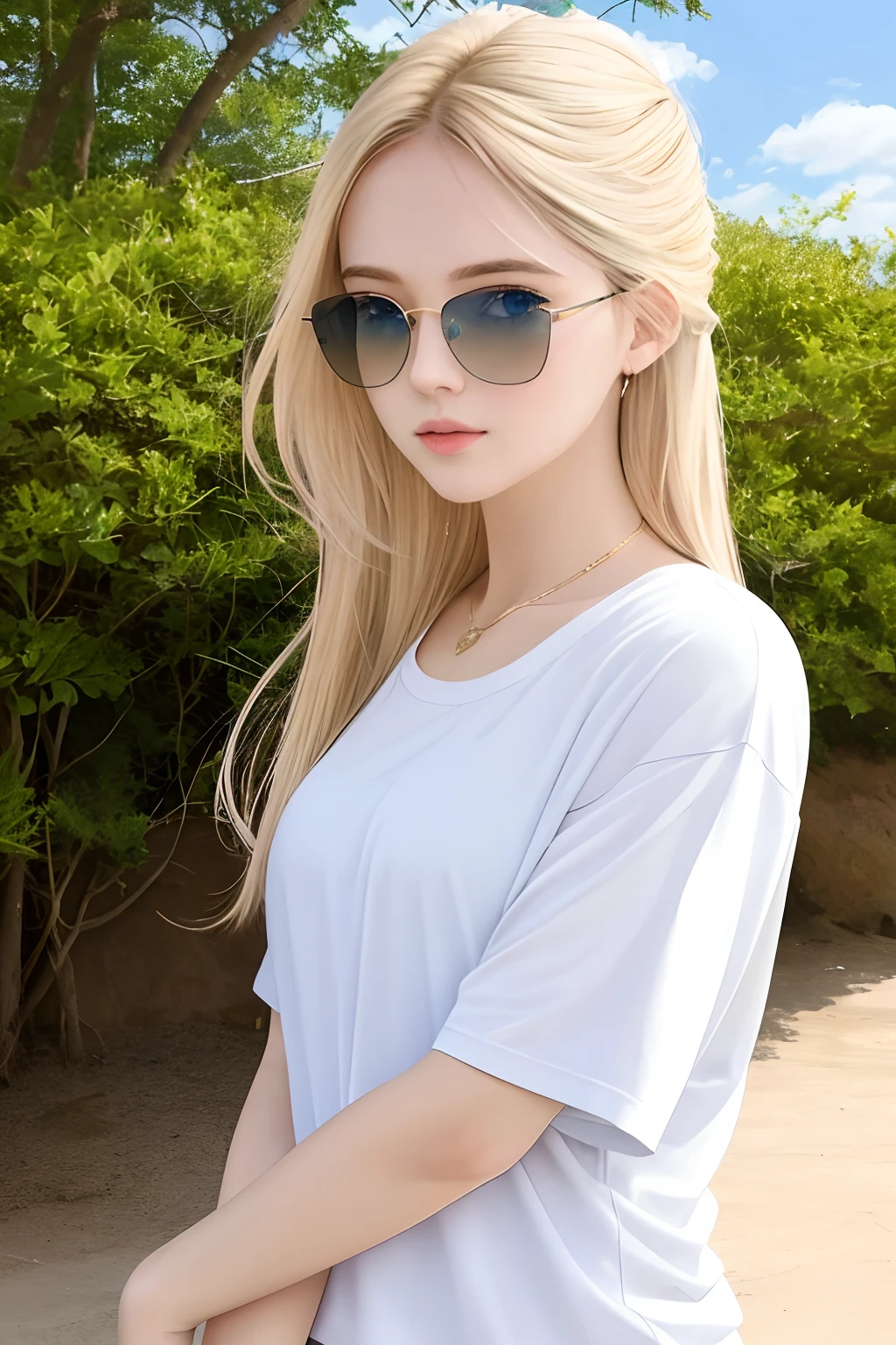A photorealistic portrait of a 25-year-old American girl with long, flowing blonde hair and striking blue eyes with sunglass Wearing white t-Shart. She should have a natural, approachable expression and be illuminated by soft, golden-hour sunlight. The background should be a scenic outdoor setting, perhaps a sunlit beach. Capture this image with a high-resolution photograph using an 85mm lens for a flattering perspective