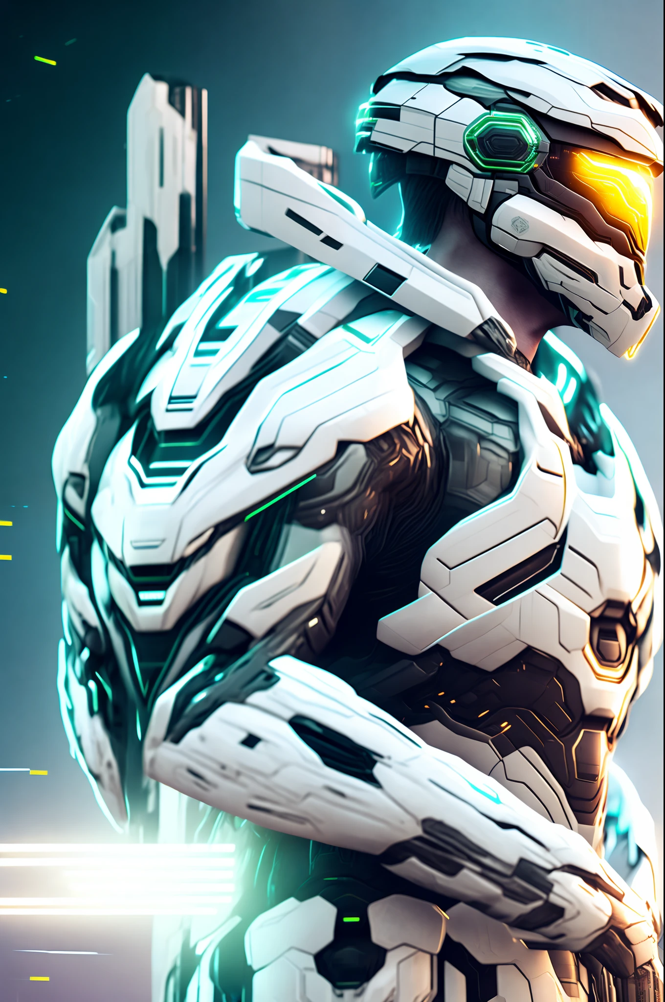 Masterchief of the halo game with white technological armor, Cyberpunk, 8k