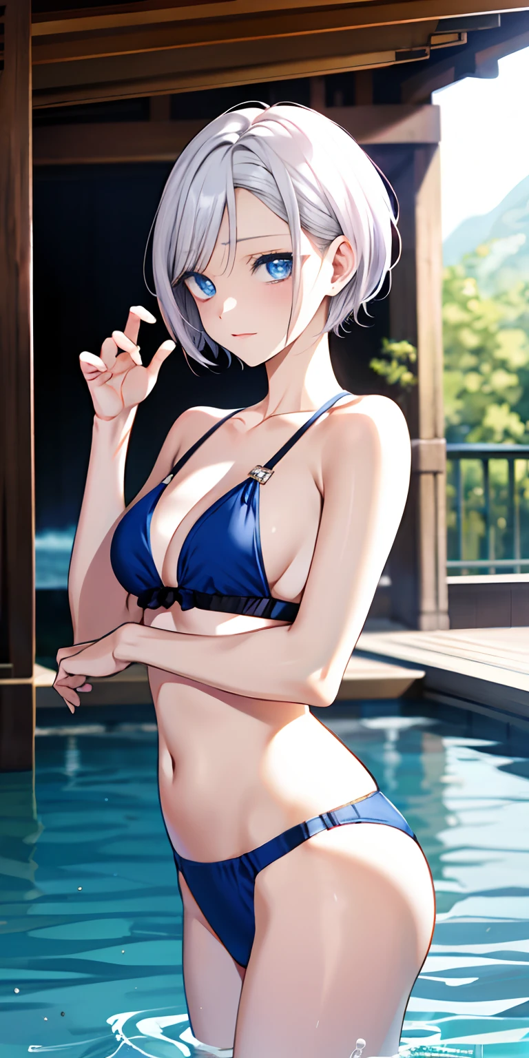 swim wears、hposing Gravure Idol、Platinum Hair、blue eyess、masutepiece, Best Quality, High resolution, Beautiful Girl 1, Solo, Short hair,Sister, Dramatic Writing,