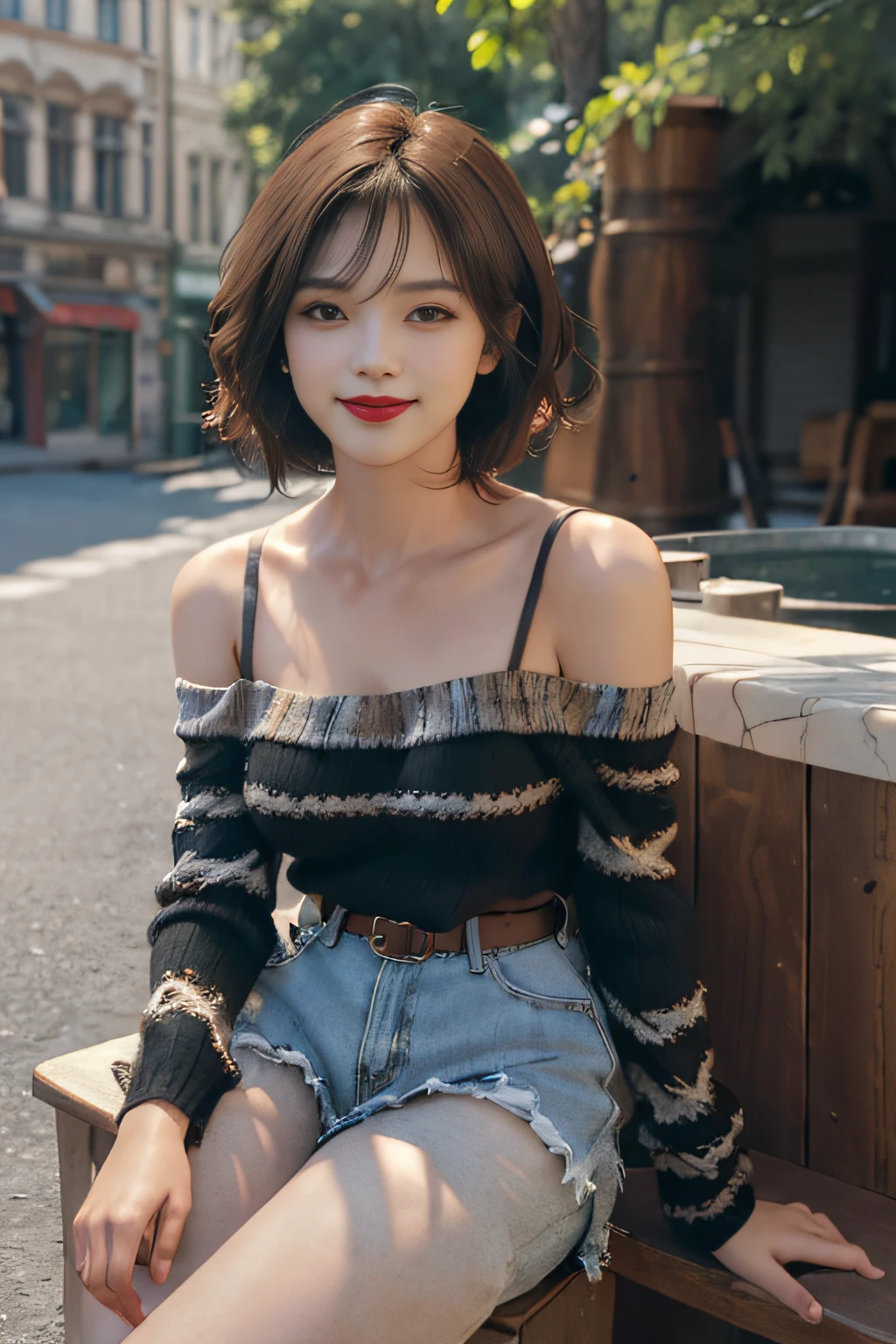 (intricate details:1.3), (best quality:1.2), (masterpiece:1.3), realistic, 8K UHD, High definition, High quality texture, intricate details, detailed texture, finely detailed, high detail, extremely detailed cg, High quality shadow, a realistic representation of the face, beautiful detailed, (high detailed skin, skin details), Detailed beautiful delicate face, face looking to the left, Detailed beautiful delicate eyes, a face of perfect proportion with smile, Film Grain, Depth of field, Cinematic Light, dramatic light, Lens Flare, Ray tracing, perspective, 20s, (photorealistic:1.2), 1girl, bare_shoulders, belt, black_footwear, blurry, blurry_background, bra_strap, breasts, building, coffee, collarbone, cup, day, disposable cup, full body, lips, lipstick, long sleeves, looking at viewer, makeup, off-shoulder shirt, off-shoulder sweater, off shoulder, outdoors, pantyhose, red lips, shirt, short hair, shorts, sitting, smile, solo, stool, striped, striped shirt
