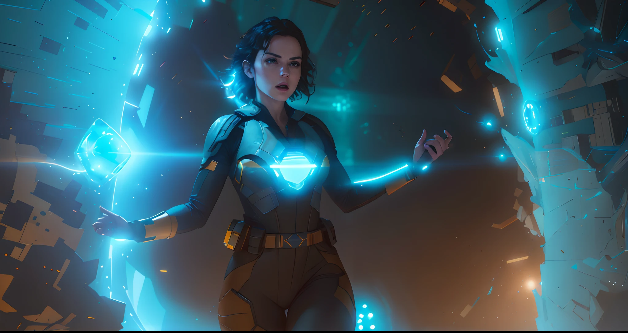 Hot Sci fi action of Daisy Ridley using blue energy powers photography, natural light, photorealism, cinematic rendering, ray tracing, the highest quality, the highest detail, Cinematic, Third-Person View, Blur Effect, Long Exposure, 8K, Ultra-HD, Natural Lighting, Moody Lighting, Cinematic Lighting