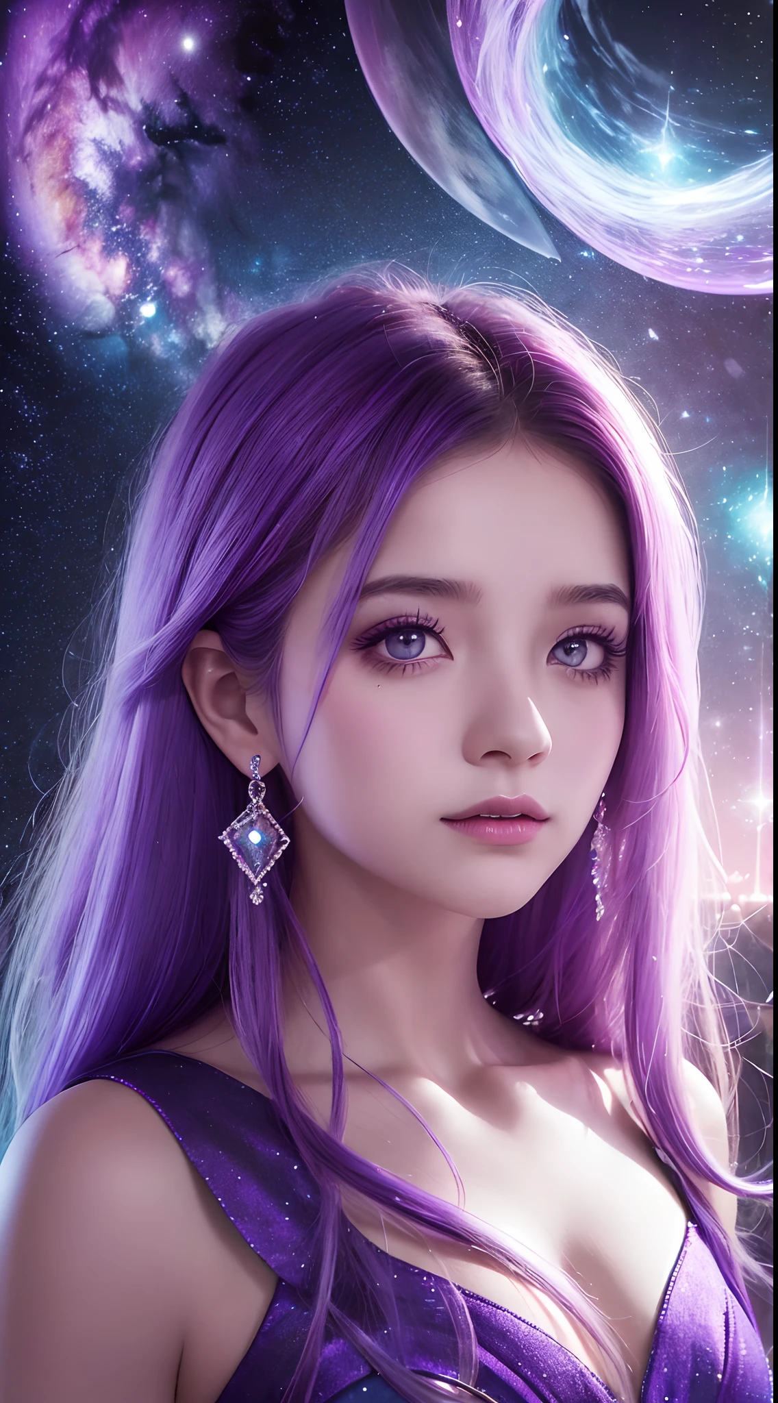 fondo: Mysterious quantum environment, Cosmic elements and ethereal atmosphere,Una mezcla de luces brillantes y nebulosas coloridas. tema: A mysterious girl with a magical aura. Ella tiene mucho tiempo, Rizos ondulados coloridos, El cabello brillante se destaca. Sus ojos son profundos y expresivos, Universe of reflection. She wore a flowing dress in purple and blue......, Con detalles intrincados y texturas misteriosas. Paleta de colores: A combination of mysterious shades such as cosmic purple, celestial, Rosa suave y un toque dorado. Crear contrastes, Aumentar la profundidad, color oscuro, Like dark purple or night blue. aesthetic: Aesthetics combine elements of Mistycore, Known for its mysterious and ethereal atmosphere, and crystalline nuclei, Con su claridad cristalina y detalles brillantes. The girl exudes magical energy,Su presencia se cierne sobre ella,fascinante. cubierto con: Keep subtle bright effects and glow overlays around the girl, cubierto con: Adds a soft glow effect around the girl and the crystal, Parece exudar magia. Also, Add small flash details Enhances the ethereal atmosphere,(manos:1.4),Captura de todo el cuerpo.(Beautiful and detailed eye description),motor irreal:1.4,UHD,La mejor calidad:1.4, (fotorrealista:1.4),( textura de la piel:1.4), (obra maestra:1.8)