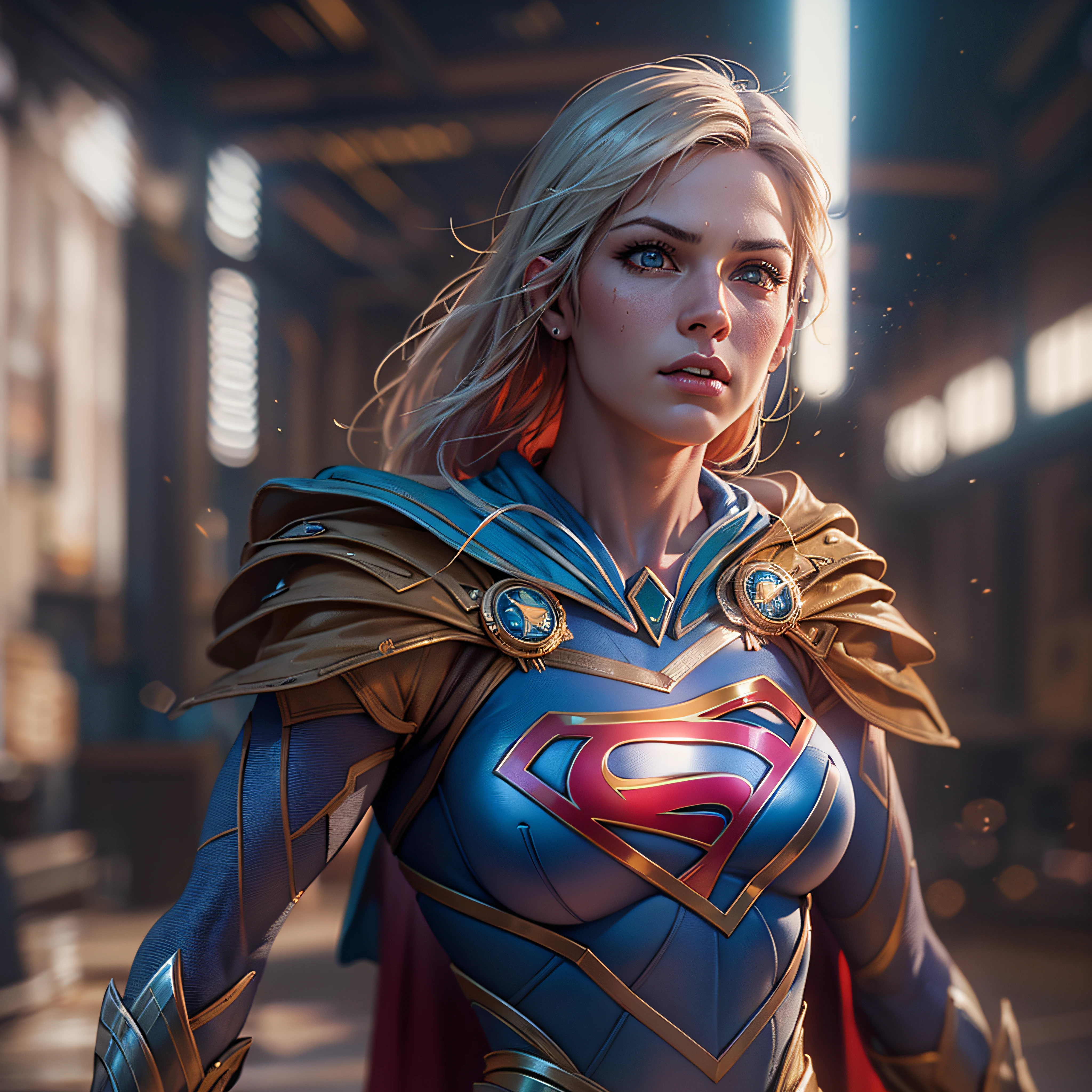 Warrior Supergirl, intricate, hyper-maximalist, elegant, hyper realistic, epic high details, full details, high resolution, dynamic slight blue lighting, rendering, realism, Photo-realistic, ultra realistic, octane render, unreal engine, hyper detailed, volumetric lighting, 8k reality, cinematic