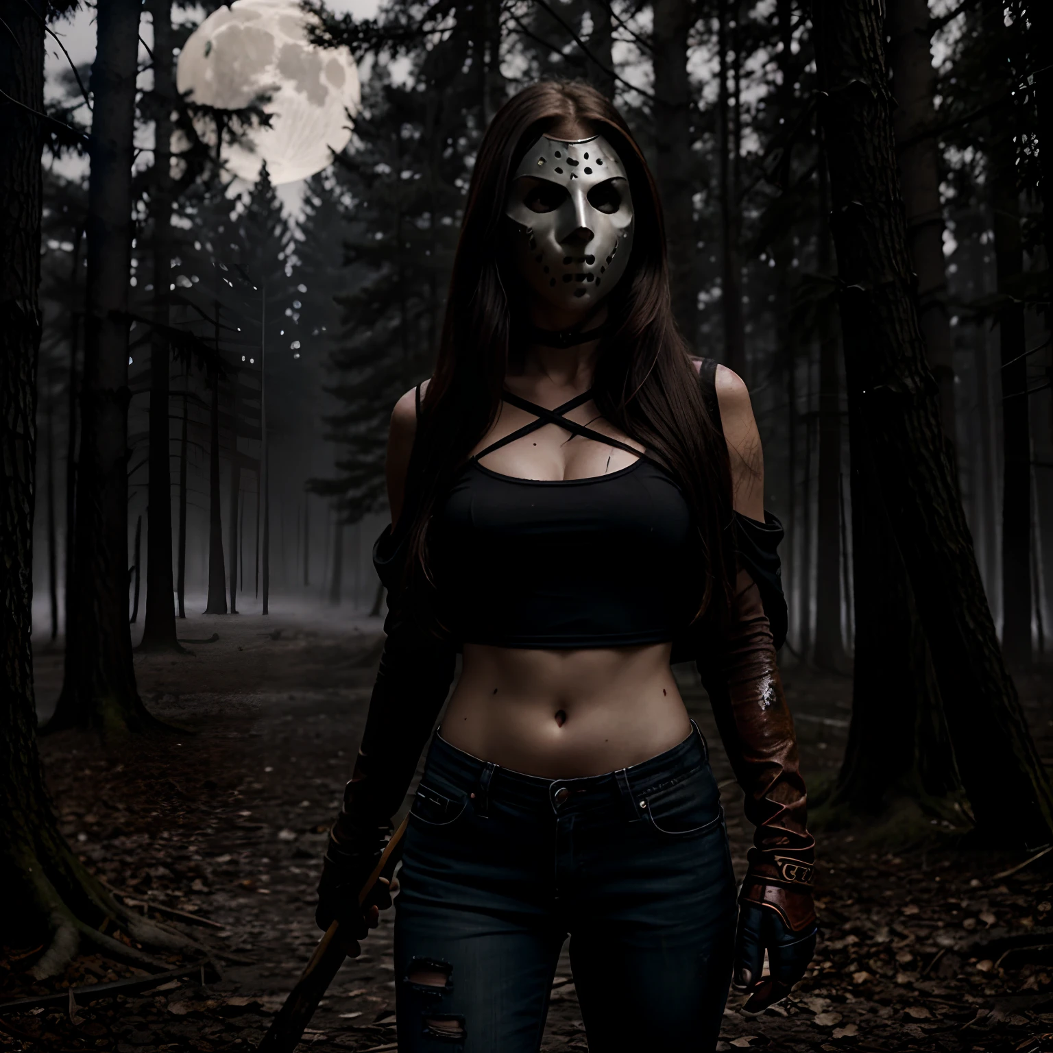 Generate a striking photograph of Autumn in her mid-20s, standing at approximately 5'4". She embodies a female version of Jason Voorhees from the Friday the 13th franchise. Her long, wavy chestnut hair cascades eerily over her shoulders, and her athletic hourglass figure, including her full bust, is cloaked in a sinister yet alluring manner. Her complexion is pallid, creating an eerie contrast with her dark attire.Cloaked in a gender-bent, menacing interpretation of Jason Voorhees' iconic attire, Autumn wears a tattered and blood-spattered hockey mask that conceals the upper part of her face. Her clothing consists of a weathered, blood-stained hockey jersey with the number 13, paired with distressed, dirt-covered jeans and heavy, mud-caked boots.The photoshoot takes place in a creepy, moonlit forest by the shores of Crystal Lake. The atmosphere is shrouded in fog, and the dim moonlight casts eerie shadows through the trees, creating a chilling ambiance.Autumn strikes poses that convey both malevolent power and eerie allure. She might menacingly wield a bloodied machete or axe, poised to strike, while her expressive brown eyes gleam malevolently through the eyeholes of the hockey mask. Her stance exudes a sinister confidence that captures the essence of Jason Voorhees.Intense look and makeup, asymmetrical mask design, photorealistic, moonlit lighting, ominous fog, reflective machete/axe blade, visible gore and bloodstains, chilling shadows, intricate, elaborate, hyper-realistic.
