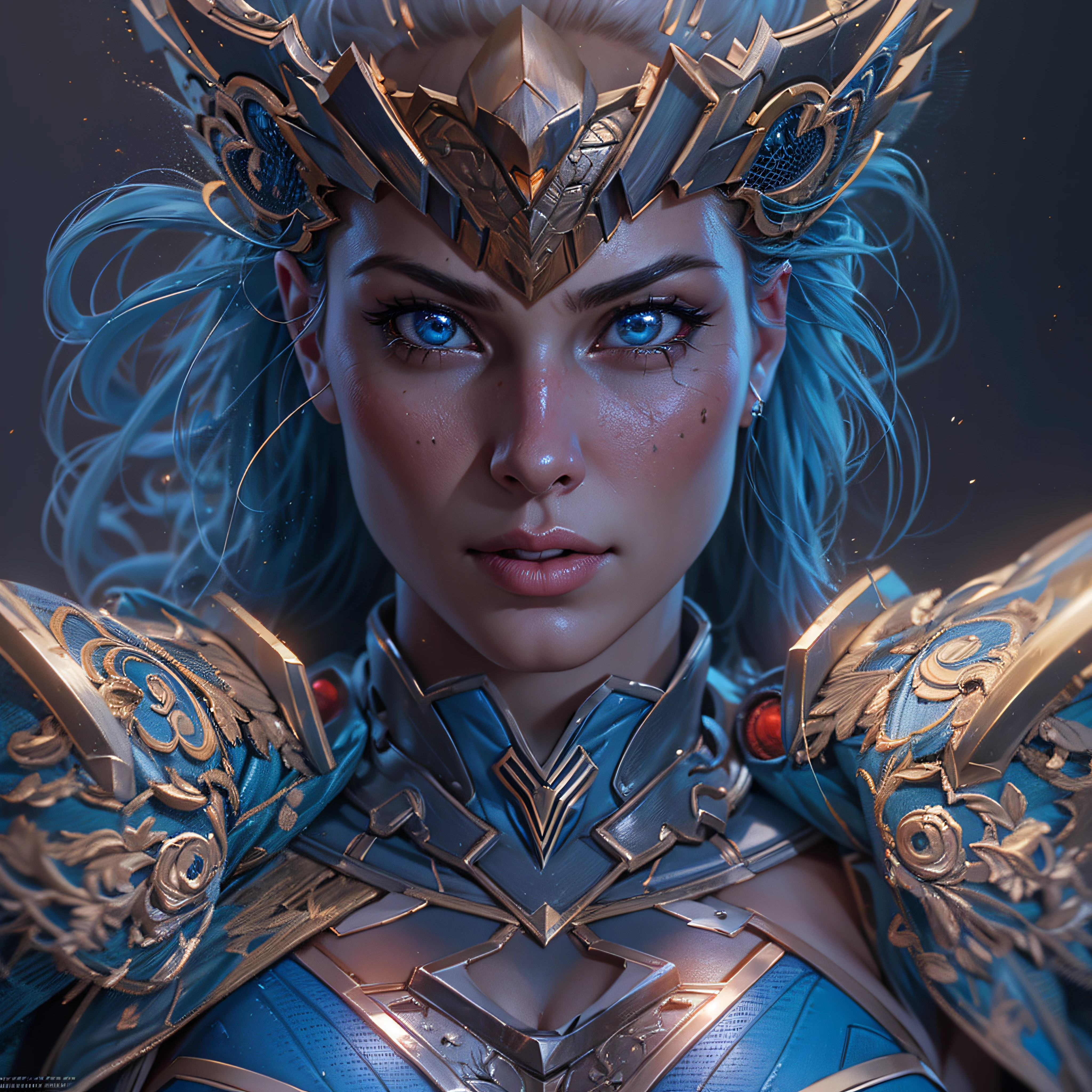 Warrior Supergirl, intricate, hyper-maximalist, elegant, hyper realistic, epic high details, full details, high resolution, dynamic slight blue lighting, rendering, realism, Photo-realistic, ultra realistic, octane render, unreal engine, hyper detailed, volumetric lighting, 8k reality, cinematic