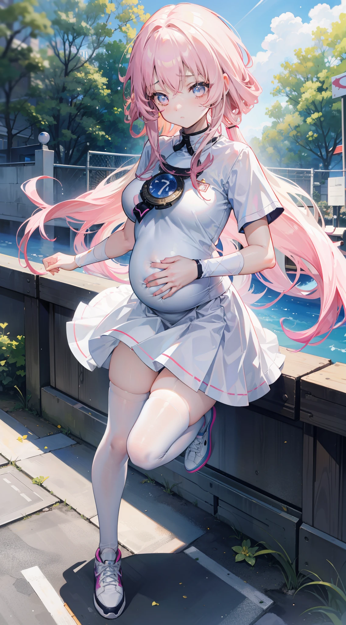 Masterpiece, 1girll, yukino yukinoshita, Glowing eyes, White sneakers, tennis wear, White miniskirt, White panties, White knee socks, Masterpiece, Top quality,  Hyper-detailed, Blue sky, grabbing her own breasts,Pregnant belly，Pregnant belly， Masterpiece,Best quality,absurderes,2D,((Anime screencap)),1girll,Cute,Expressive hair,Long hair,(Medium breasts),bouncing breasts,(pregnant:0.9),ahegao,Long shirt,vibrator in thighhighs,(((Trembling))),Outdoors,street