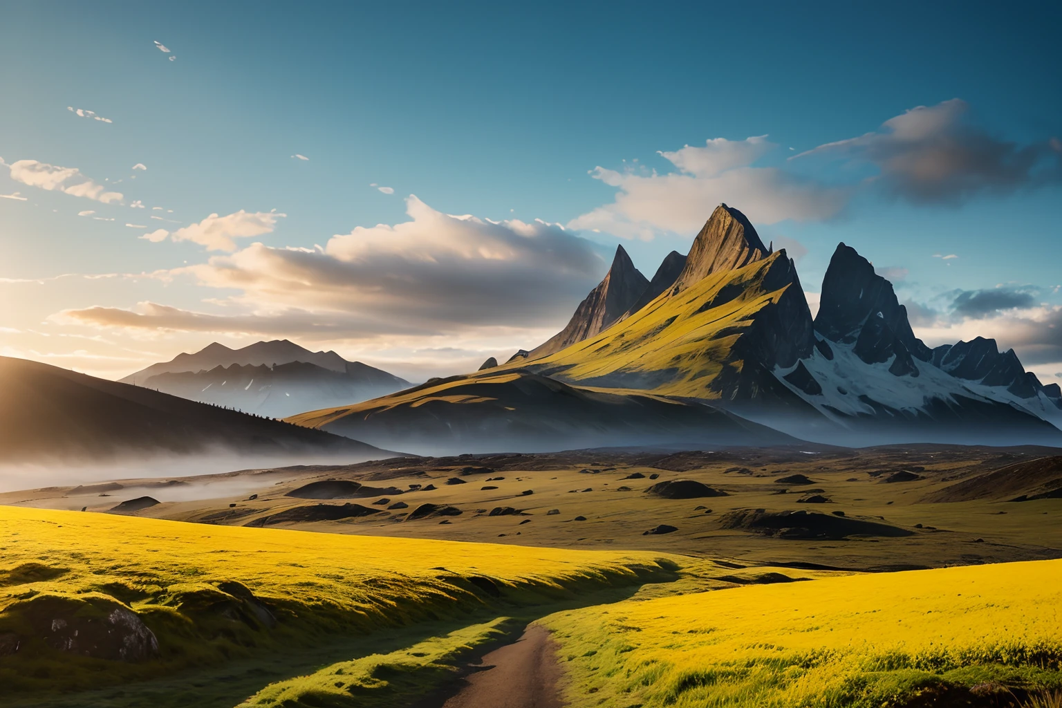 Yellow tundra field, A giant single tree on a hill in the middle, Directed by Paul Anderson, foto realista, Professional photo, ultra wide angle, mist, Moss stones, ((Sky-high mountains in the background)), Beautiful sky