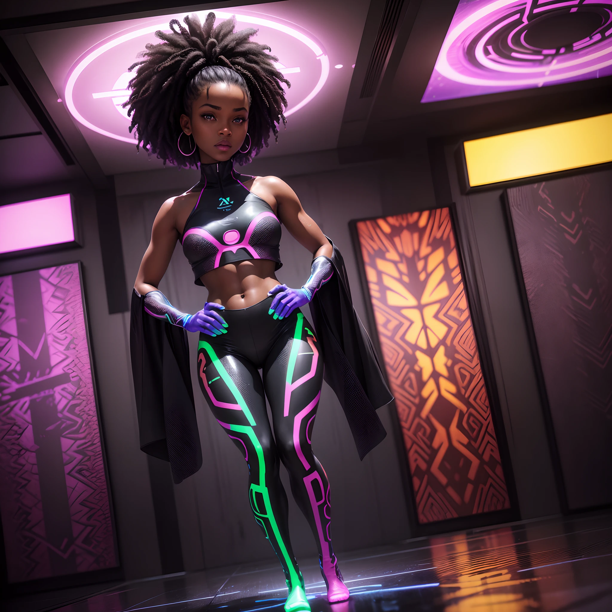 Oblique angle shot of a Black woman wearing neon lit African designed clothes and standing on a wet surface in a room with large flat screen TVs on the walls, dark room with only the Flat screen TVs lighting the scene, with iridescent light, photorealistic image, 32k, ultra HD, cinematic lighting, artgerm style,