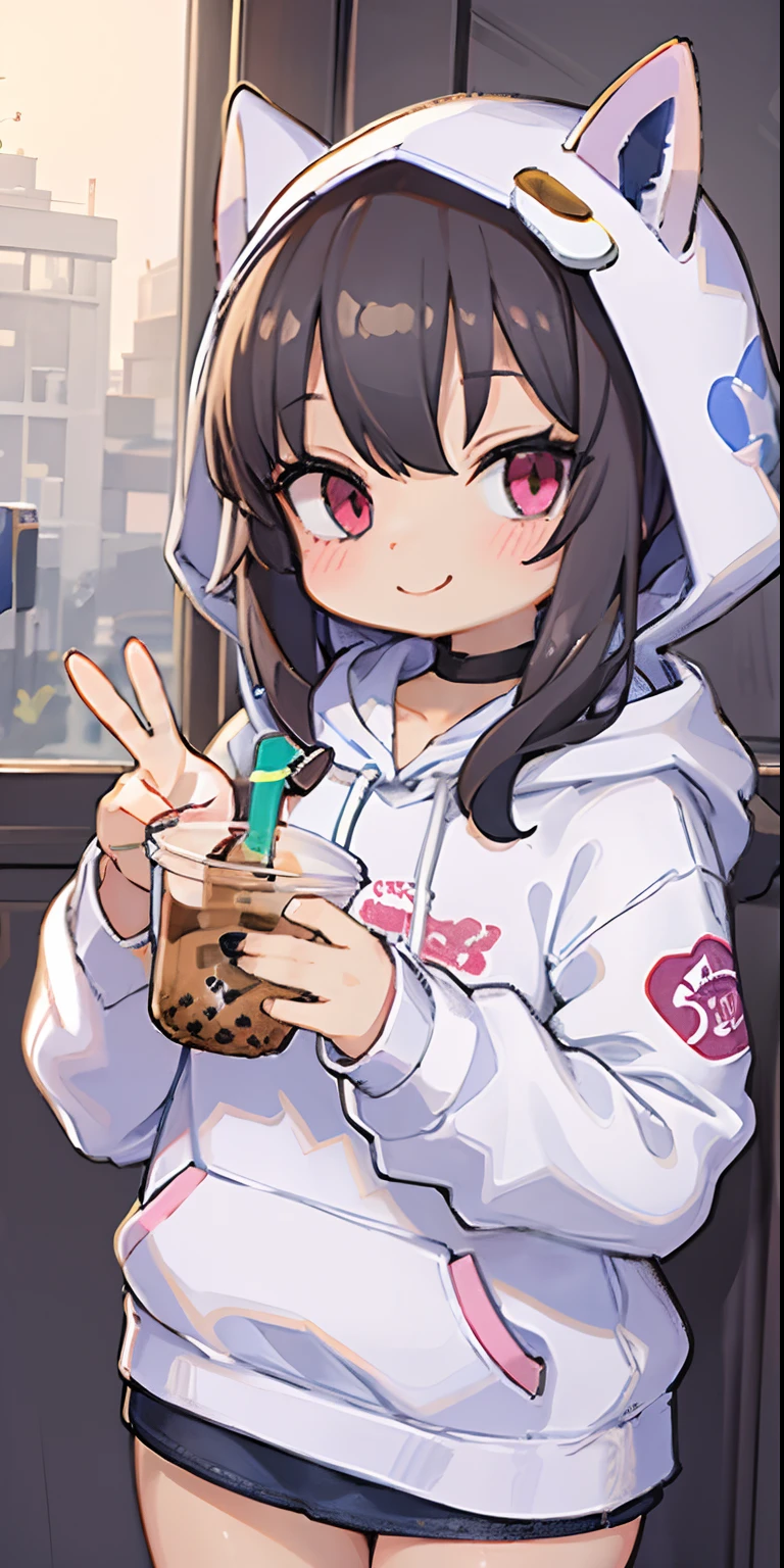 masterpiece, best quality, 1girl, drinking bubble tea, smile, v, peace sign, holding cup, wearing a hoodie, winter clothes