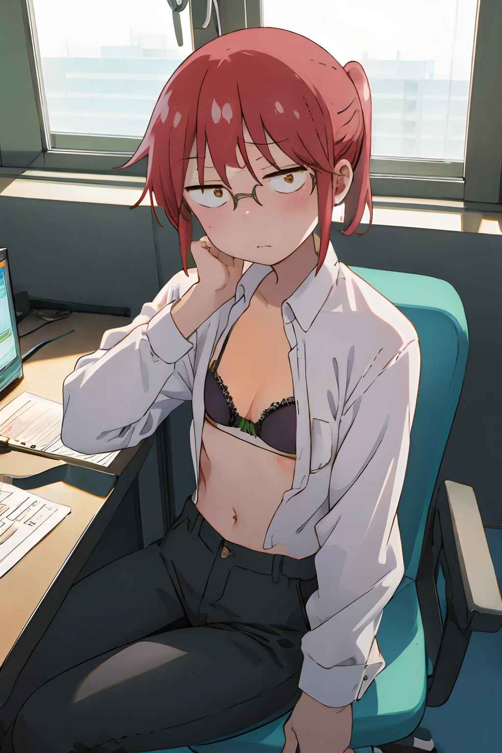 top-quality、hight resolution、*** 1 人、、medium-hair、ponytail, ashamed look on his face, flat cheast, (office cubicle), ((masturbating)), tits, office chair, desk, facing down, looking at the viewer, flashing bra, ((bra)), white shirt, black pants, secret, (flashing bra:1.6), sitting