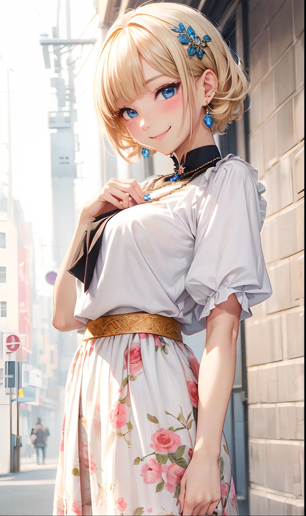 absurderes, ultra-detailliert,bright colour, extremely beautiful detailed anime face and eyes, (独奏:1.6), Short hair , asymmetrical bangs, Blonde hair with short twin tails, Shiny hair, Delicate beautiful face, red blush,(deep blue eyes:1.3 ) White skin, hair clips, earrings, a necklace,(Agnes B-Shirt:1.3),(Barbary skirt:1.3) (nightcity:1.3),Bustling street、(Nitanita Smile:1.5)、Wet、