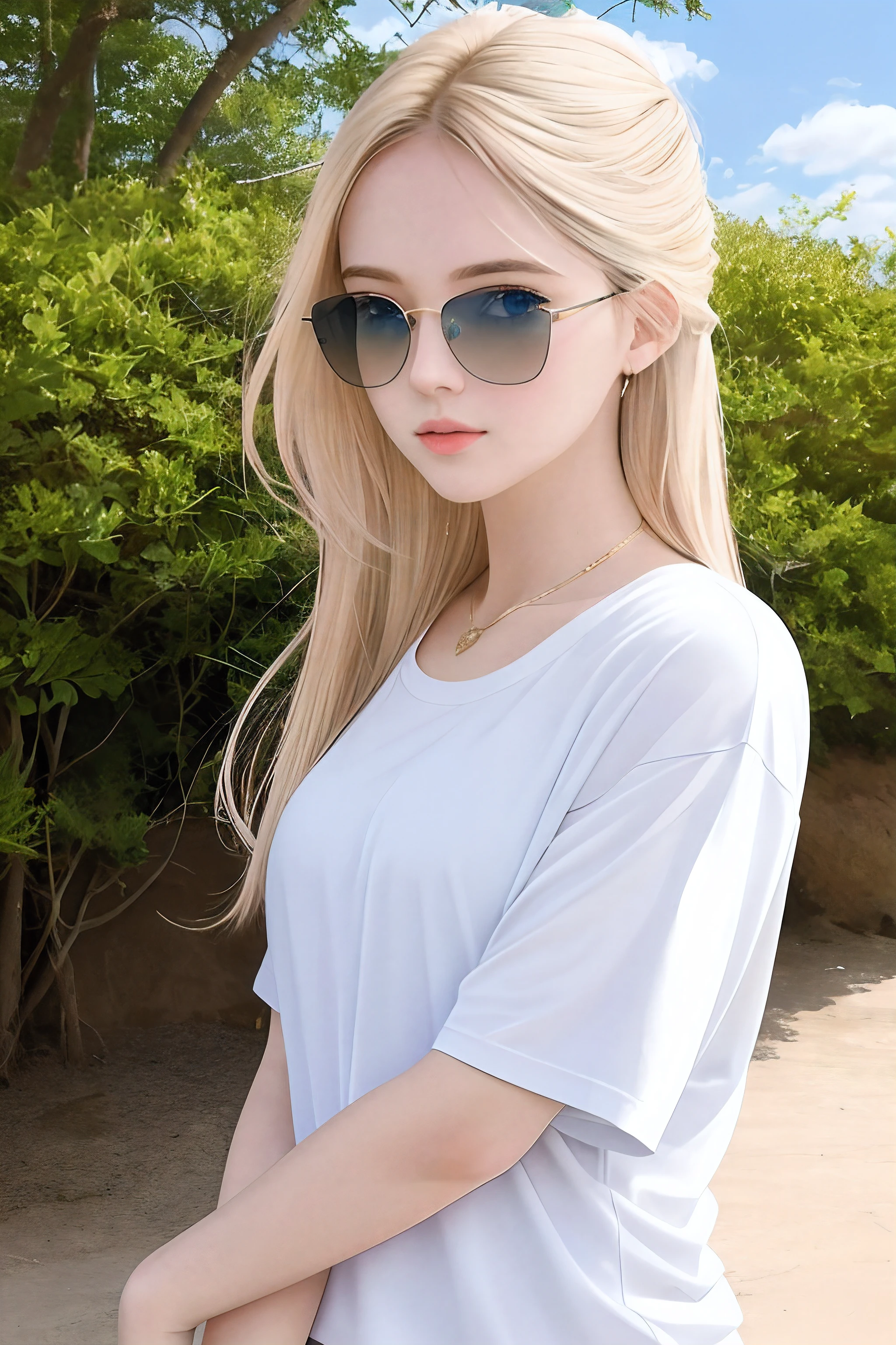 A photorealistic portrait of a 25-year-old American girl with long, flowing blonde hair and striking blue eyes with sunglass Wearing white t-Shart. She should have a natural, approachable expression and be illuminated by soft, golden-hour sunlight. The background should be a scenic outdoor setting, perhaps a sunlit beach. Capture this image with a high-resolution photograph using an 85mm lens for a flattering perspective