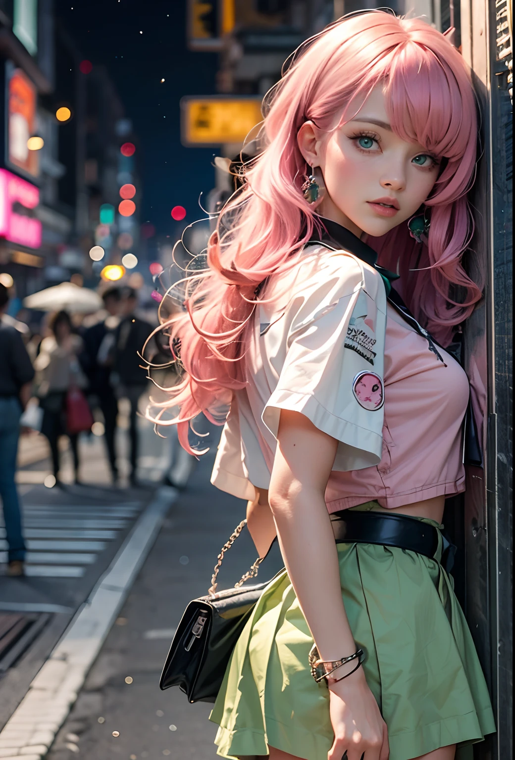 Black Pink ,Girl blouse Regatta with pink hair green eyes and a green , in the background Japanese city at night,next to a Lamborghini