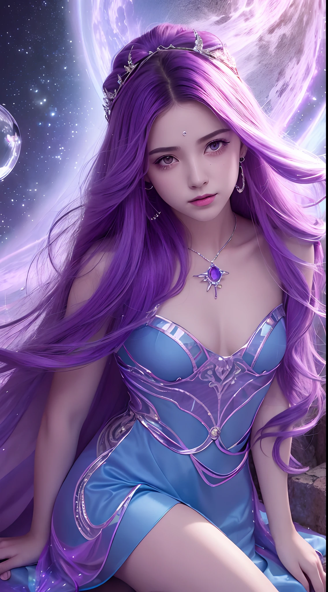 fondo: Mysterious quantum environment, Cosmic elements and ethereal atmosphere，Una mezcla de luces brillantes y nebulosas coloridas. tema: A mysterious girl with a magical aura. Ella tiene mucho tiempo, Rizos ondulados coloridos, El cabello brillante se destaca. Sus ojos son profundos y expresivos, Universe of reflection. She wore a flowing dress in purple and blue......, Con detalles intrincados y texturas misteriosas. Paleta de colores: A combination of mysterious shades such as cosmic purple, celestial, Rosa suave y un toque dorado. Crear contrastes, Aumentar la profundidad, color oscuro, Like dark purple or night blue. aesthetic: Aesthetics combine elements of Mistycore, Known for its mysterious and ethereal atmosphere, and crystalline nuclei, Con su claridad cristalina y detalles brillantes. The girl exudes magical energy，Su presencia se cierne sobre ella，fascinante. cubierto con: Keep subtle bright effects and glow overlays around the girl, cubierto con: Adds a soft glow effect around the girl and the crystal, Parece exudar magia. Also, Add small flash details Enhances the ethereal atmosphere,(manos:1.4),Captura de todo el cuerpo.（Beautiful and detailed eye description）,motor irreal:1.4,UHD,La mejor calidad:1.4, (fotorrealista:1.4),( textura de la piel:1.4), (obra maestra:1.8)