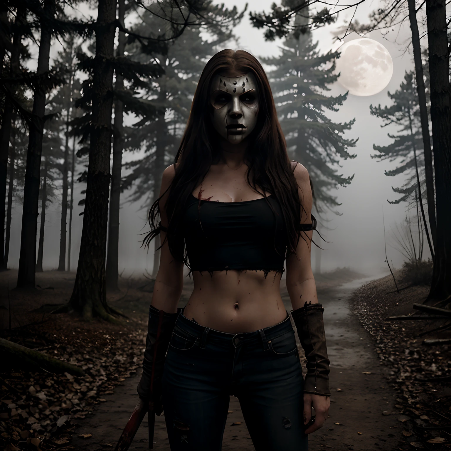Generate a striking photograph of Autumn in her mid-20s, standing at approximately 5'4". She embodies a female version of Jason Voorhees from the Friday the 13th franchise. Her long, wavy chestnut hair cascades eerily over her shoulders, and her athletic hourglass figure, including her full bust, is cloaked in a sinister yet alluring manner. Her complexion is pallid, creating an eerie contrast with her dark attire.Cloaked in a gender-bent, menacing interpretation of Jason Voorhees' iconic attire, Autumn wears a tattered and blood-spattered hockey mask that conceals the upper part of her face. Her clothing consists of a weathered, blood-stained hockey jersey with the number 13, paired with distressed, dirt-covered jeans and heavy, mud-caked boots.The photoshoot takes place in a creepy, moonlit forest by the shores of Crystal Lake. The atmosphere is shrouded in fog, and the dim moonlight casts eerie shadows through the trees, creating a chilling ambiance.Autumn strikes poses that convey both malevolent power and eerie allure. She might menacingly wield a bloodied machete or axe, poised to strike, while her expressive brown eyes gleam malevolently through the eyeholes of the hockey mask. Her stance exudes a sinister confidence that captures the essence of Jason Voorhees.Intense look and makeup, asymmetrical mask design, photorealistic, moonlit lighting, ominous fog, reflective machete/axe blade, visible gore and bloodstains, chilling shadows, intricate, elaborate, hyper-realistic.