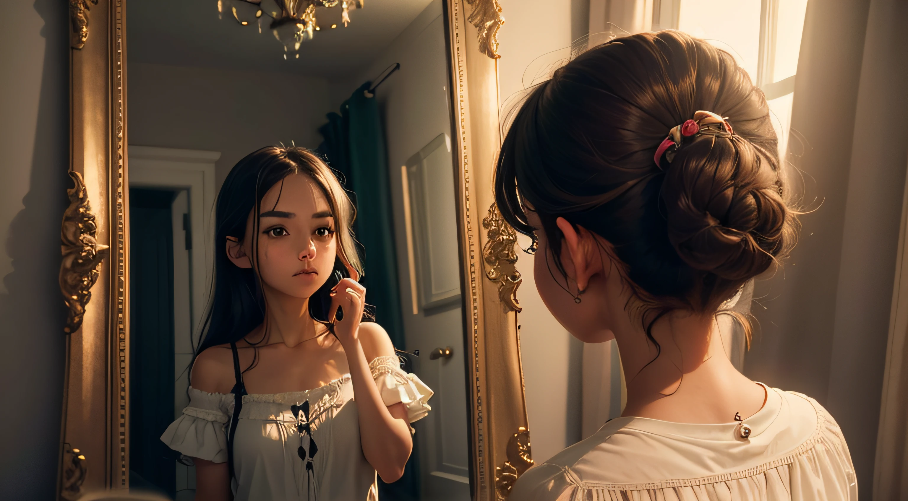 girl look into the ancient mirror in her room