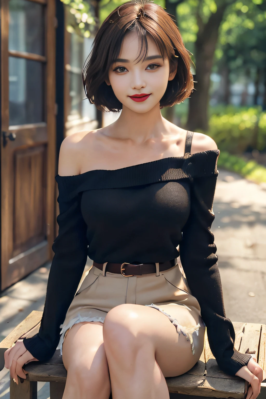 (intricate details:1.3), (best quality:1.2), (masterpiece:1.3), realistic, 8K UHD, High definition, High quality texture, intricate details, detailed texture, finely detailed, high detail, extremely detailed cg, High quality shadow, a realistic representation of the face, beautiful detailed, (high detailed skin, skin details), Detailed beautiful delicate face, face looking to the left, Detailed beautiful delicate eyes, a face of perfect proportion with smile, Film Grain, Depth of field, Cinematic Light, dramatic light, Lens Flare, Ray tracing, perspective, 20s, (photorealistic:1.2), 1girl, bare_shoulders, belt, black_footwear, blurry, blurry_background, bra_strap, breasts, building, coffee, collarbone, cup, day, disposable cup, full body, lips, lipstick, long sleeves, looking at viewer, makeup, off-shoulder shirt, off-shoulder sweater, off shoulder, outdoors, pantyhose, red lips, shirt, short hair, shorts, sitting, smile, solo, stool, striped, striped shirt