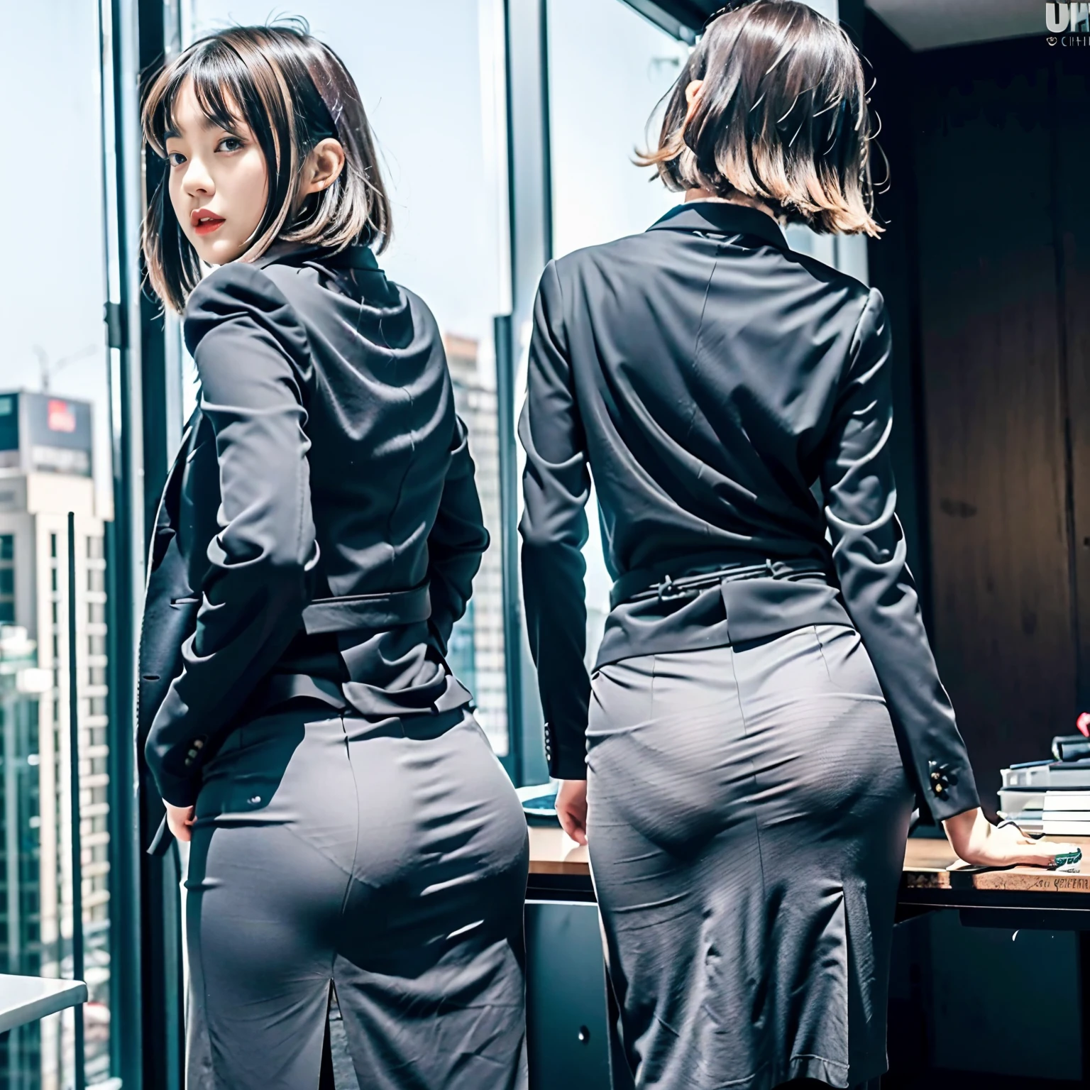 (Best quality, 8k, 32k, Masterpiece, UHD:1.2), 1 girl, a beauty Japanese woman, detailed face, short hair, standing, at office, bend over, showing big ass, view from back, grey suit, office suit, pencil skirt