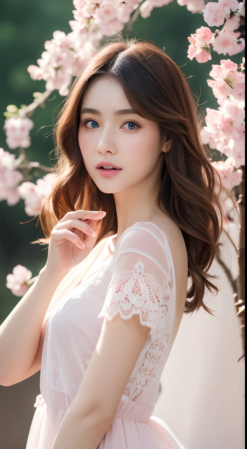 (CG Unity 8K wallpapers are very detailed) (Better quality) (better lighting) (An extremely delicate and beautiful) (Floating) (Beautiful) (Spring atmosphere) (1girll) (Long pink hair), (shairband), (Delicate and beautiful blue eyes), ((Very short white dress, Pink lace underside), (Lace), ((Light transparent silk))), (Cherry blossom petal), (Butterflies), (degrees of freedom), (volumettic light) Cinematic lighting, color difference, Sony FE GM, Textured skin, High details, A high resolution, 8K