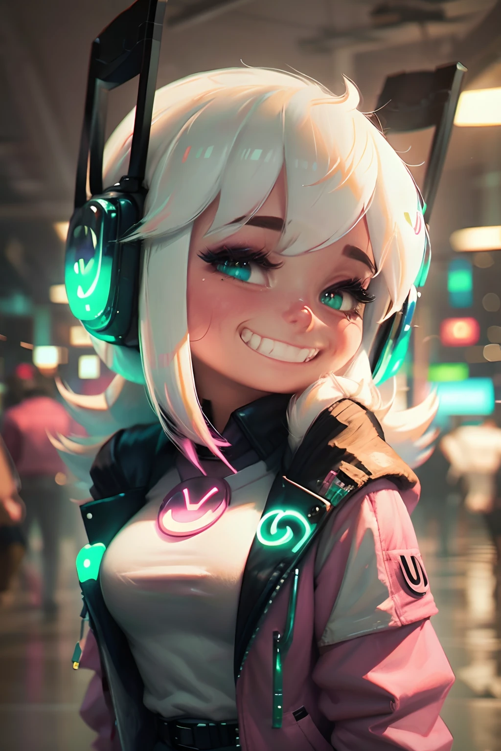 por,1girl,bangs,+ +,jacket on shoulders,grin,white hair,pink shirt,green_nails,headphones,power_symbol,electric_plug,
