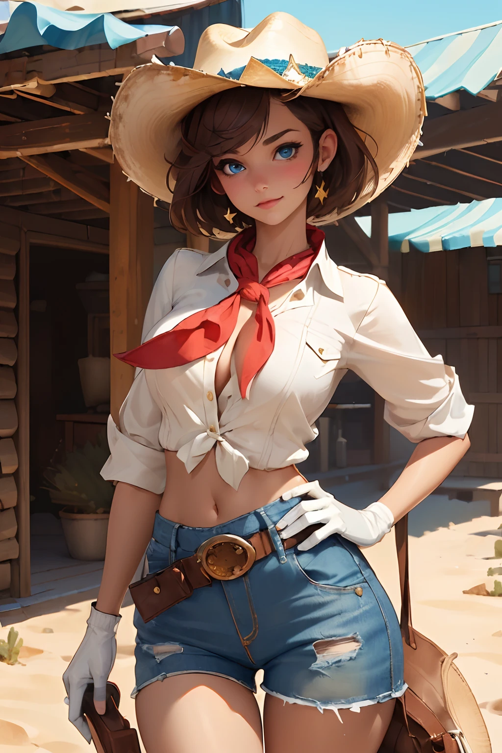 (((((solo))))),(((((masterpiece))))), (((((best quality))))),(((((highly detailed))))), finely detailed, Depth of field,detailed clothes, highres,
1girl, bangs, (beautiful detailed face:1.3), collarbone, collared shirt, ((white shirt)), button open to show cleavage, show belly, blue eyes, golden hair, cleavage, ((cowboy)), (cowboy hat:1.3), short gloves. fingerless gloves, hat, medium breasts, navel, neckerchief, red neckerchief, short hair, short shorts, shorts, healthy thighs, gun belt ,cowboy western, sunny desert background, thigh gap